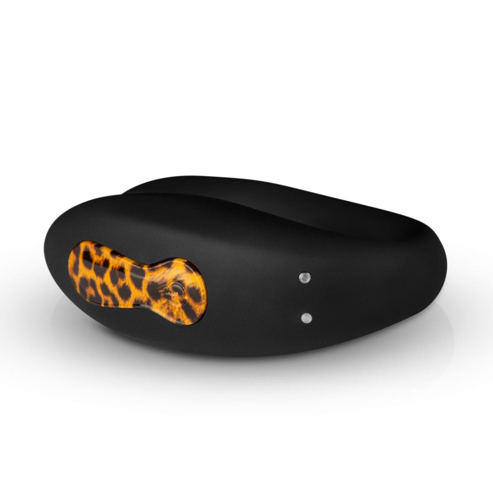 Schwarzer Partner-Vibrator mit Leopardenmuster-Akzent. Zwei Knöpfe. Liegende Ansicht.