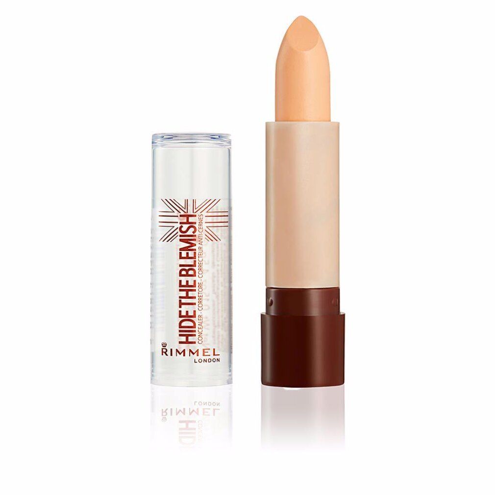 Concealer-Stift mit transparenter Kappe. Produktname und Marke sichtbar: Hide The Blemish, Rimmel London. Beige Farbe.