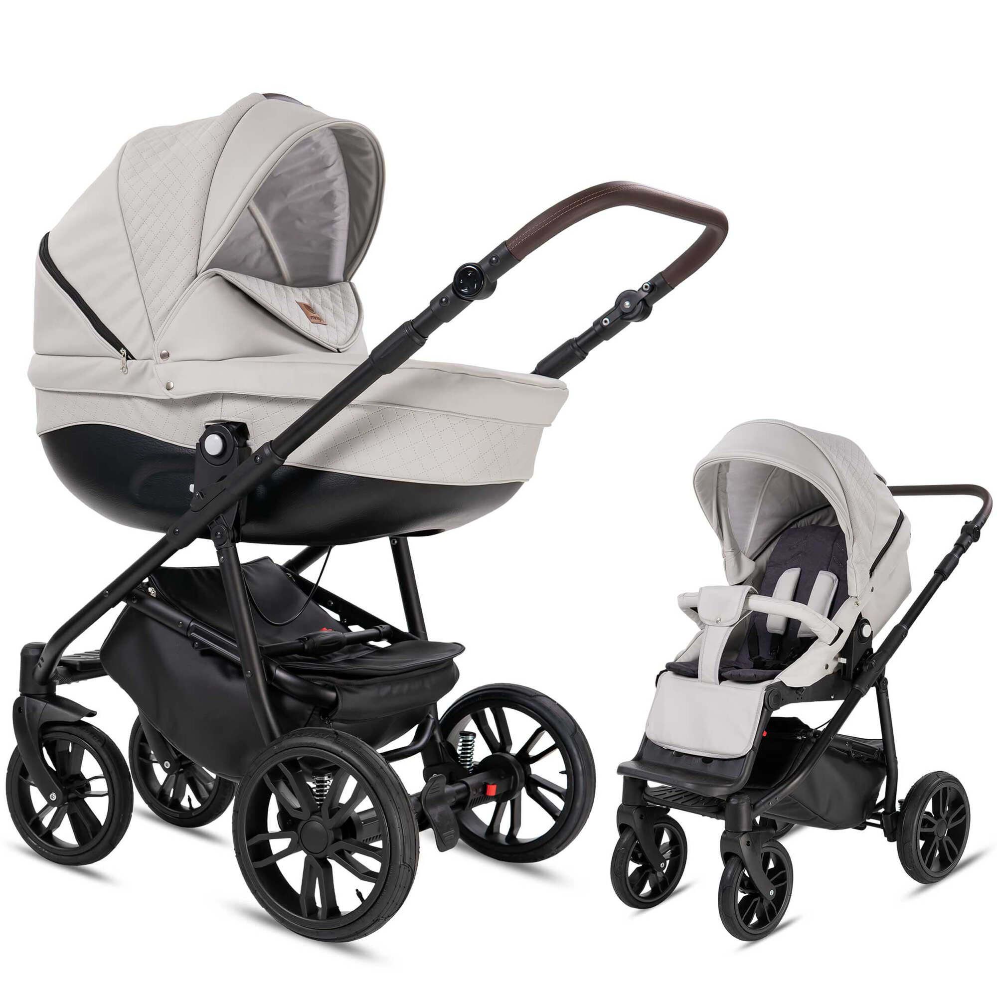 Kombikinderwagen, hellgrau, mit schwarzem Gestell und Rädern. Zwei Konfigurationen: Babywanne und Sportsitz.