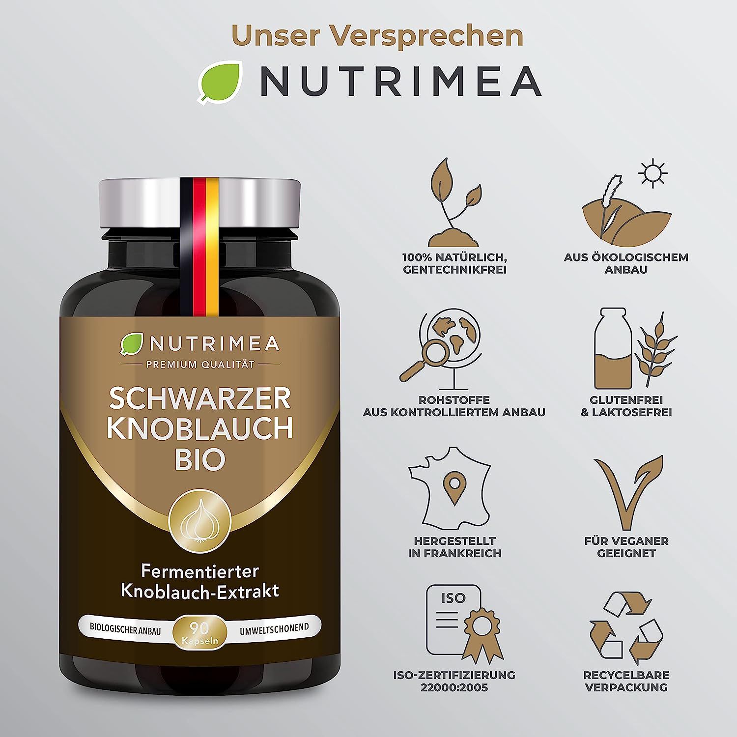 Nutrimea Schwarzer Knoblauch BIO | Knoblauchextrakt PATENTIERT ABG10+® Aged Black Garlic Extrakt