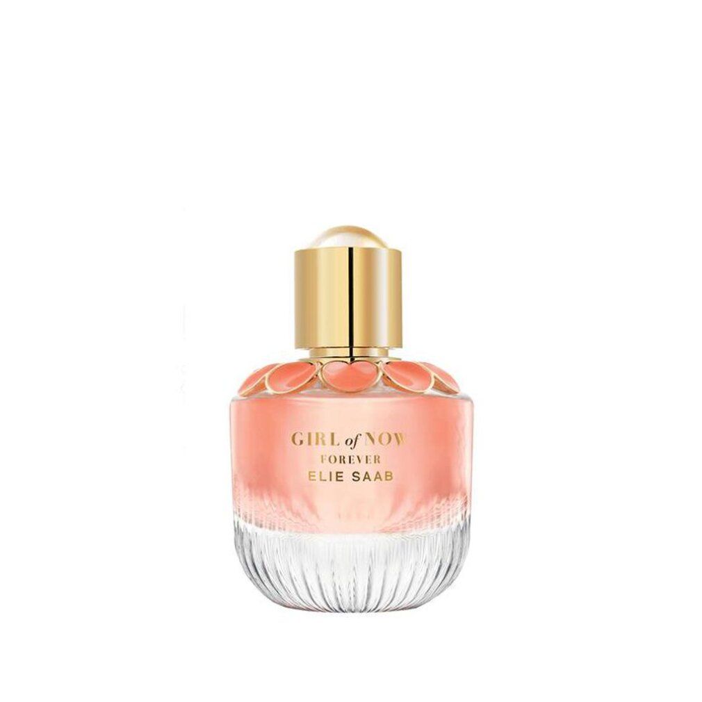 Parfümflasche mit goldfarbenem Deckel und rosa Blütenverzierung. Aufschrift: Girl of Now Forever, Elie Saab.