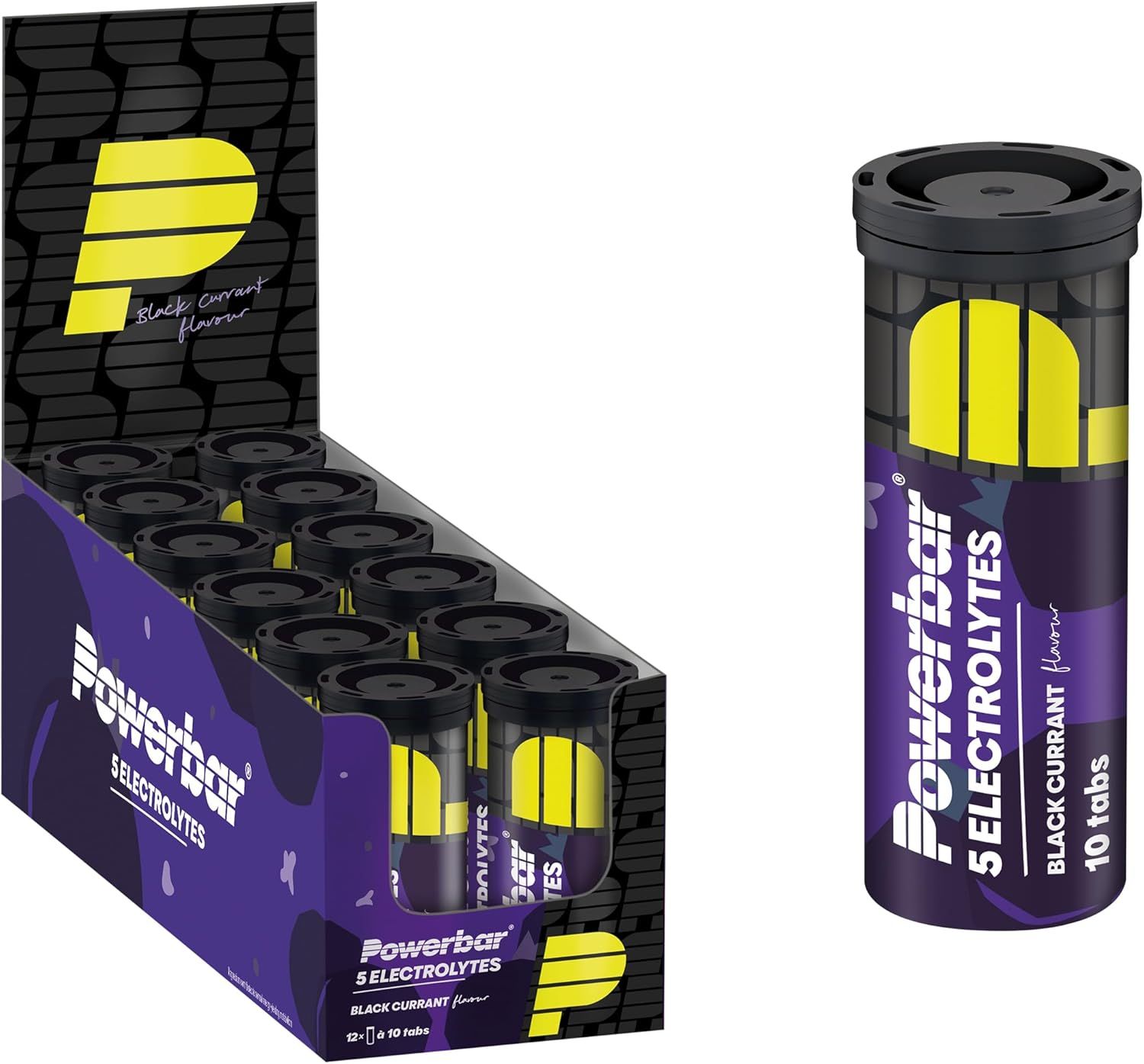 Powerbar 5 Electrolytes Blackcurrant Röhrchen neben einer geöffneten Verkaufsbox mit 10 Röhrchen.