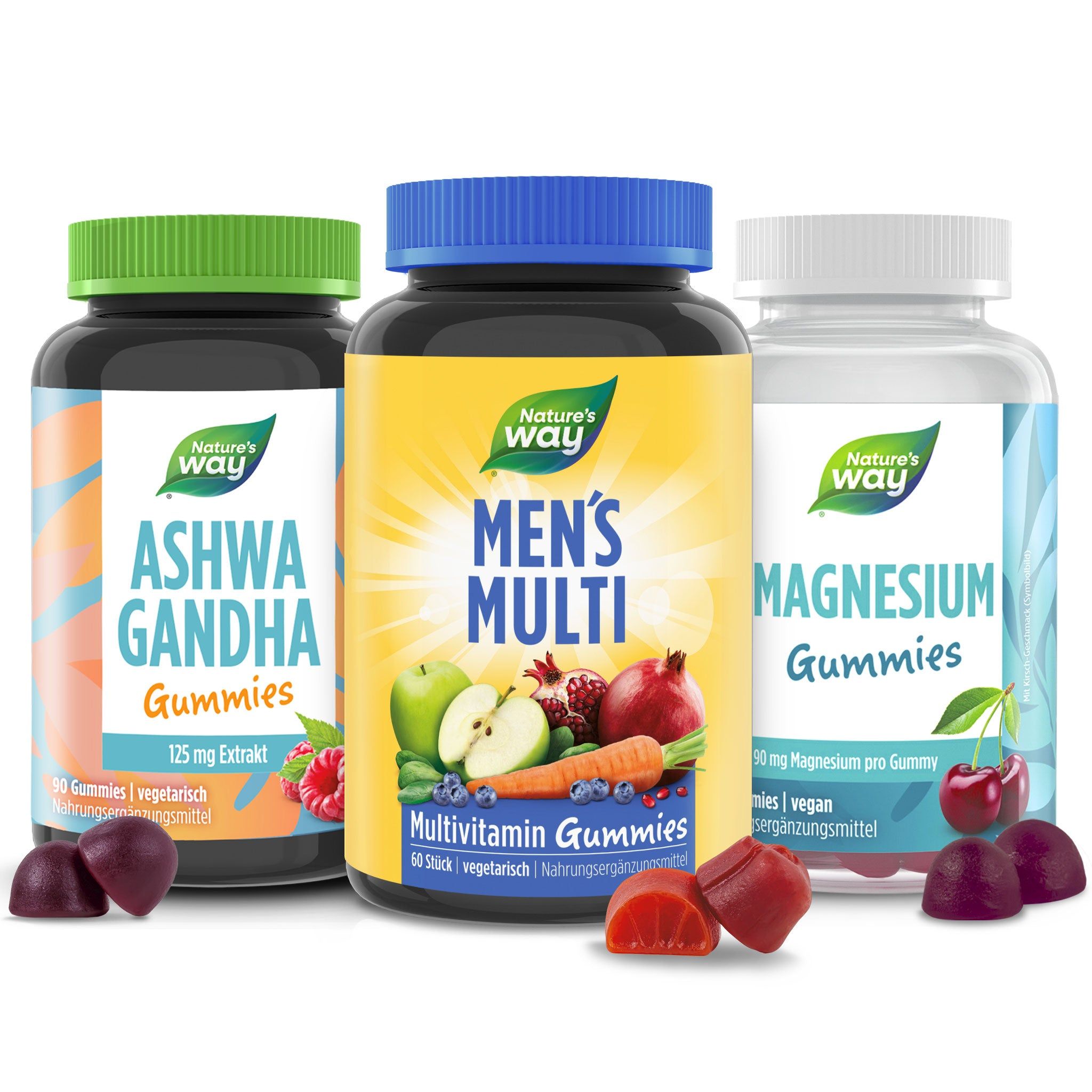 Drei Flaschen Nature's Way Gummies: Ashwagandha, Men's Multi, Magnesium. Gummibärchen liegen davor. Aufschrift: Men's Multi Multivitamin Gummies.
