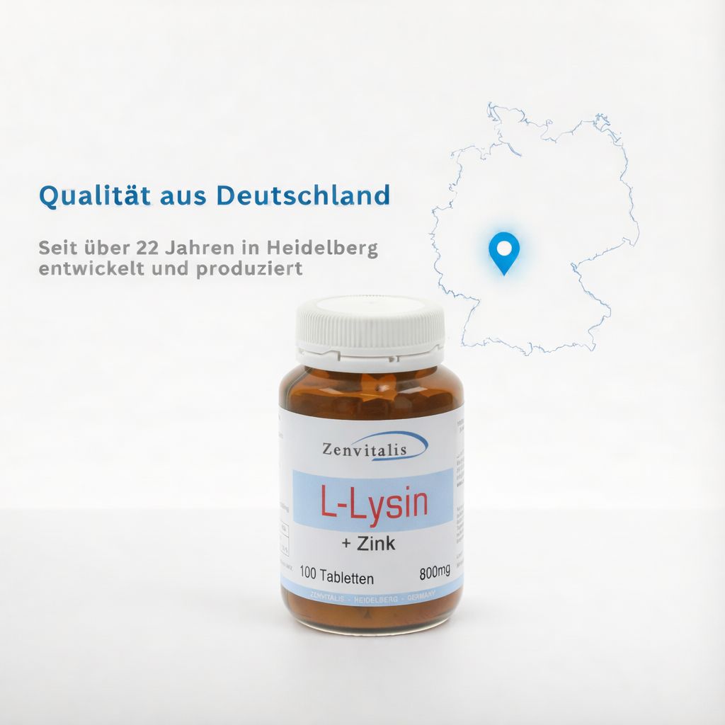 Tablettenflasche mit Deutschlandkarte. Text: "Qualität aus Deutschland" und Herstellungsort Heidelberg.