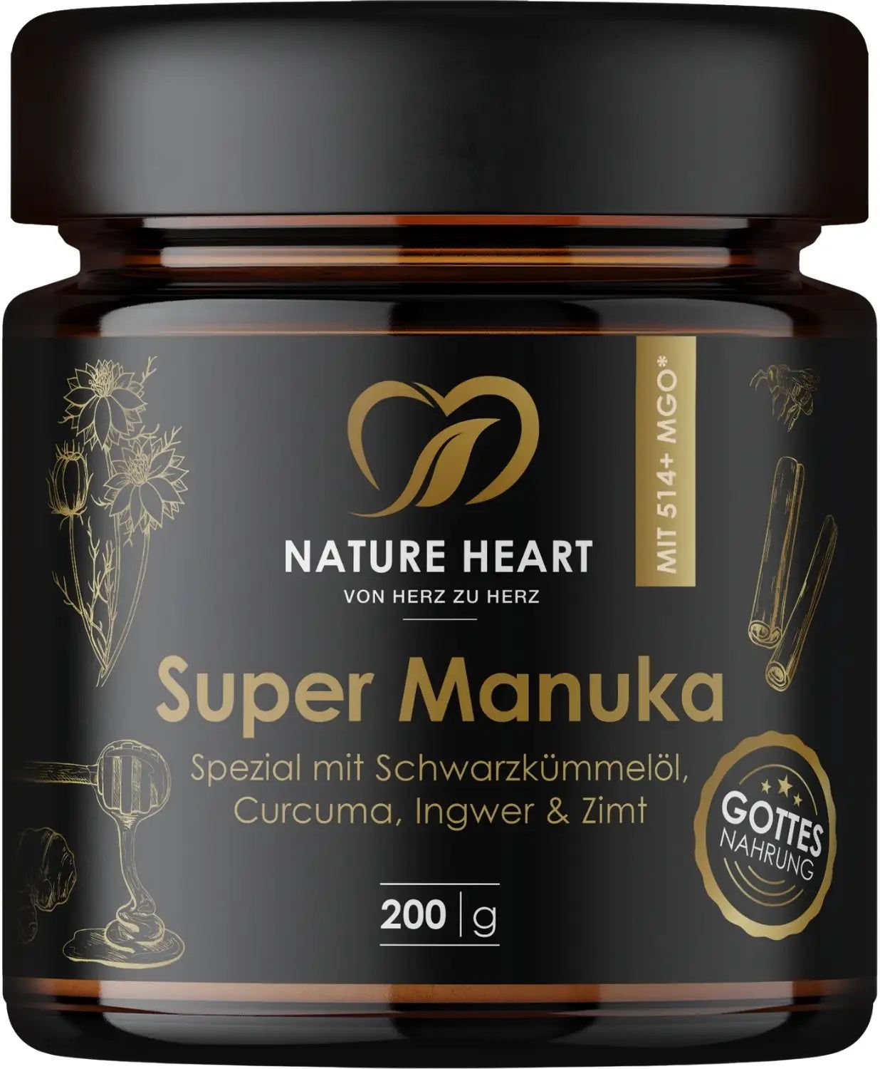 Braunes Glas mit schwarzem Deckel. Aufschrift: Super Manuka, Nature Heart, 200g. Mit Herz-Logo und Gütesiegel.