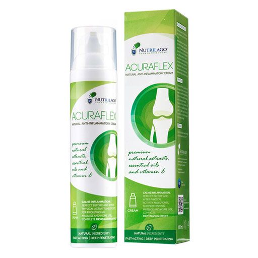 Creme-Tube und Schachtel. Aufschrift ACURAFLEX, Logo. Grün-weißes Design. Enthält natürliche Inhaltsstoffe, ätherische Öle und Vitamin E.