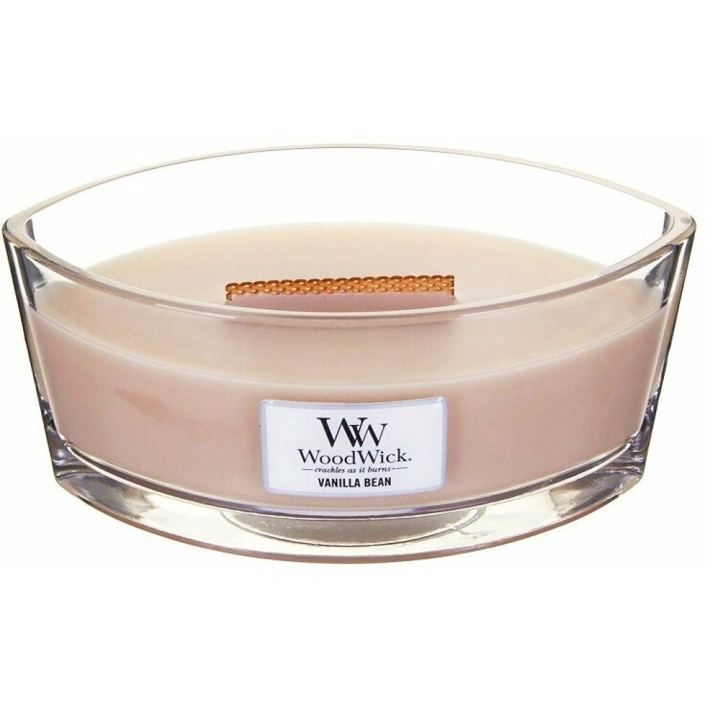 Glasbehälter mit Kerze, Holzdocht. Aufkleber "WoodWick Vanilla Bean".