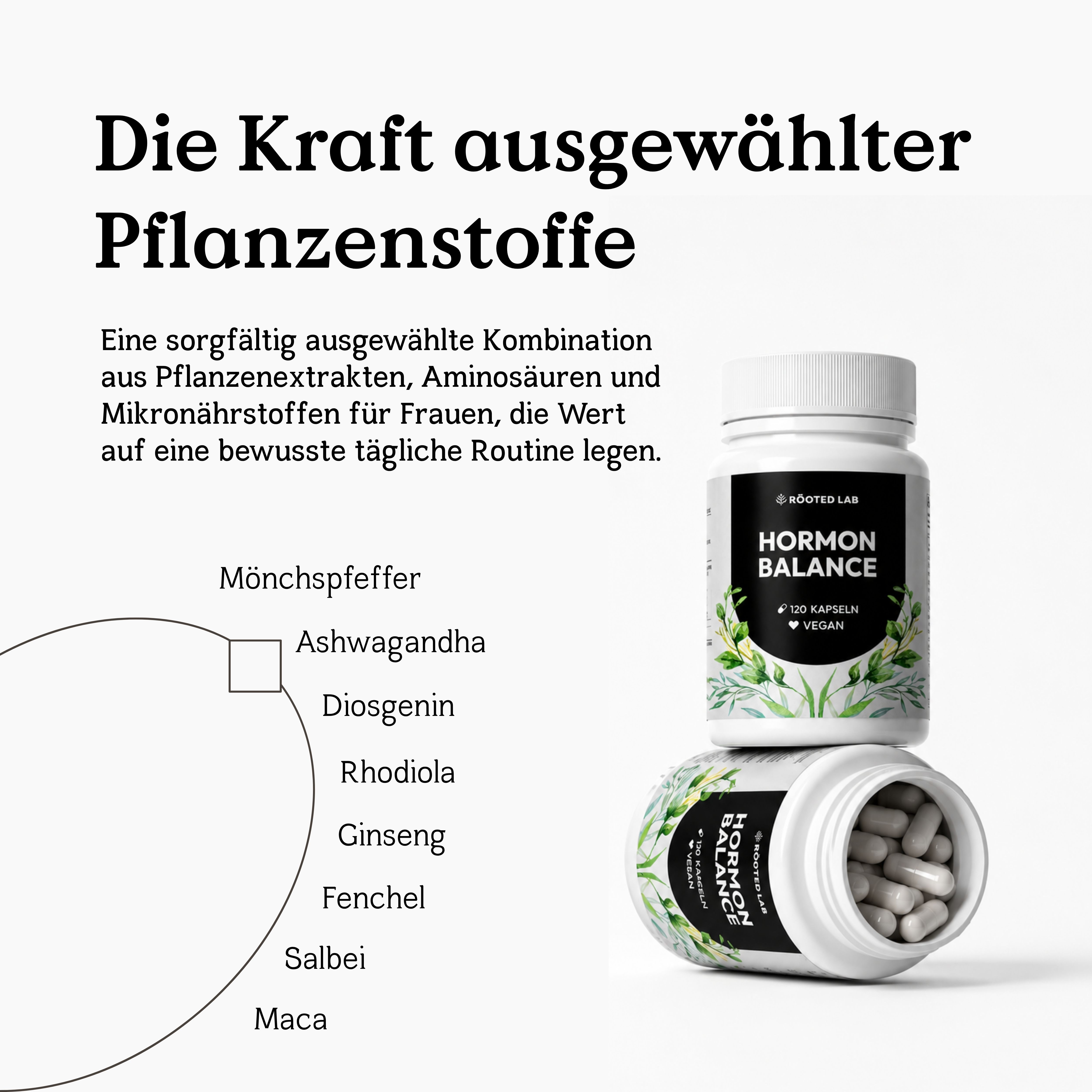 Hormon Balance: Flasche mit 120 veganen Kapseln, daneben Liste von Pflanzenextrakten.