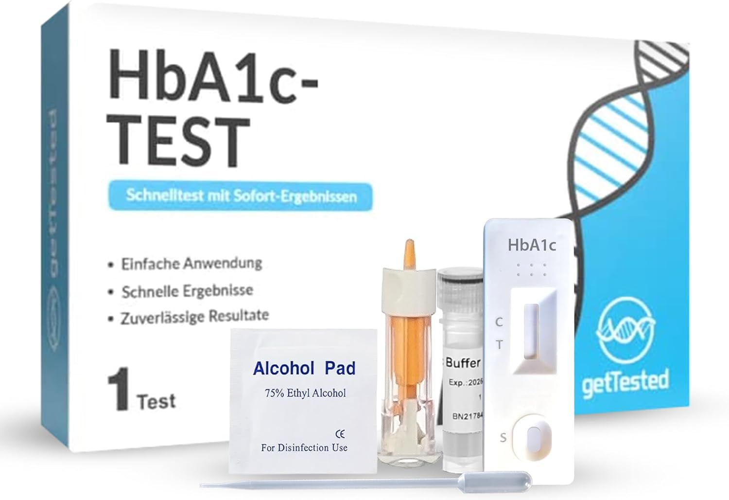 Packung mit Testkit-Komponenten. Enthält Testkassette, Alkoholpad, Pufferlösung, und weitere Testutensilien.