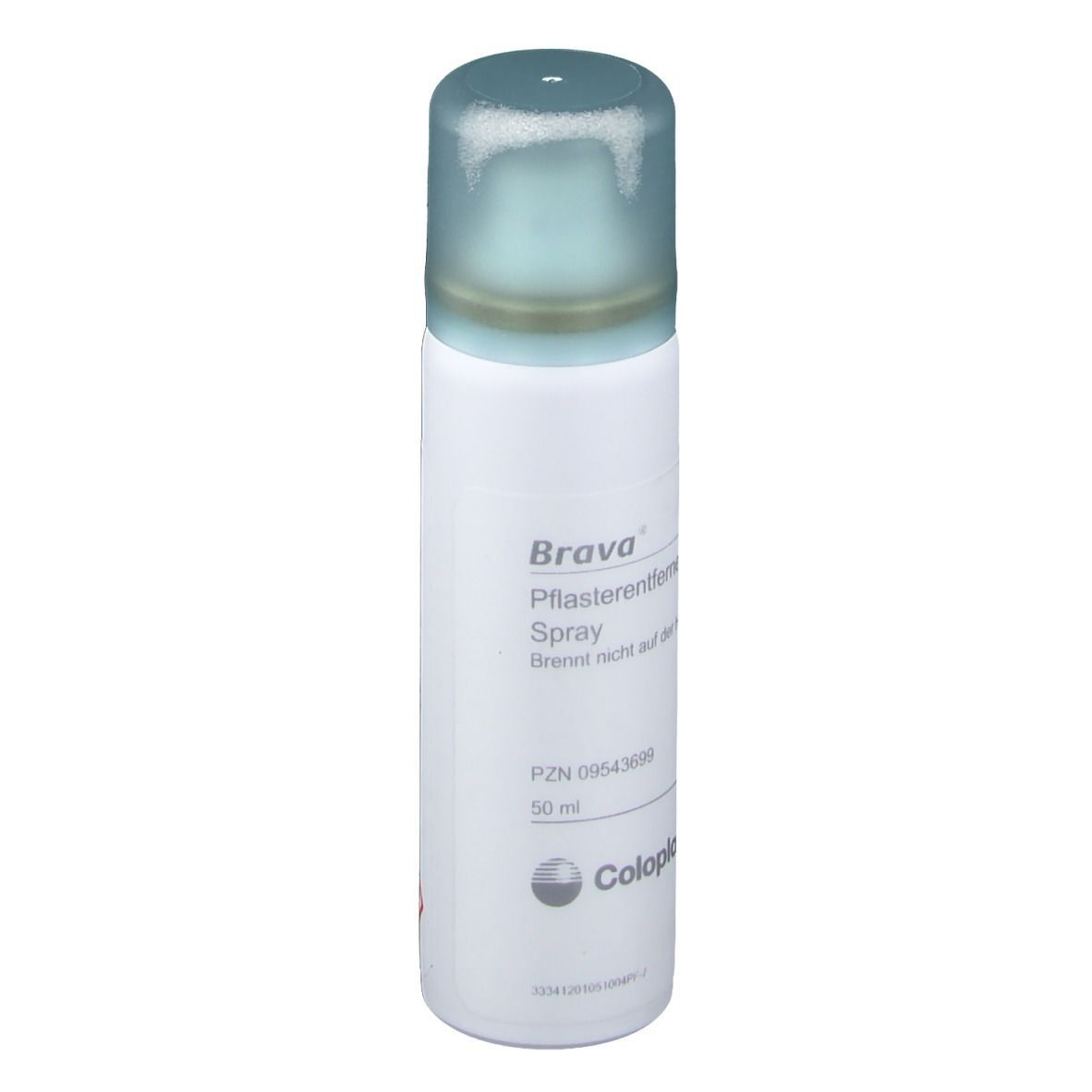 Brava Pflasterentferner Spray, weiße Flasche mit blauem Deckel. Coloplast Logo.