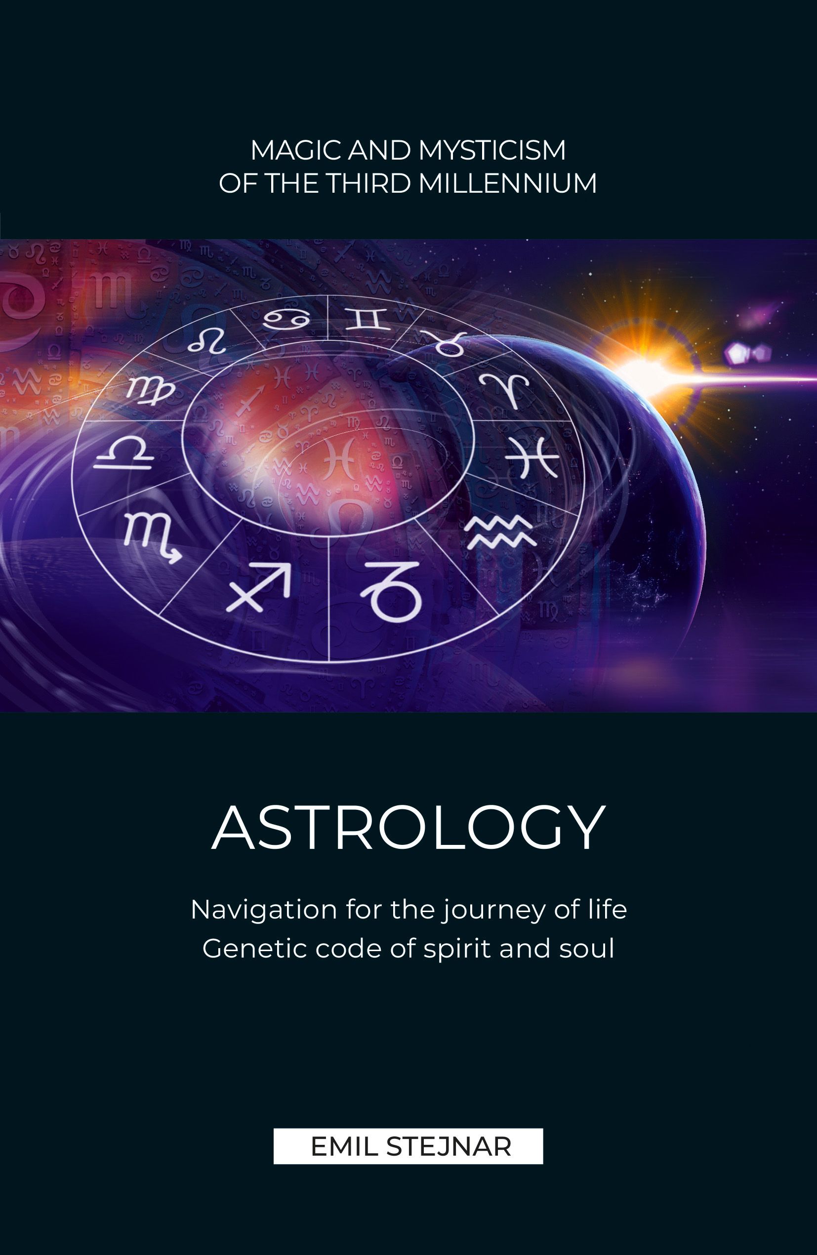 Buchcover mit dem Titel "Astrologie". Es zeigt ein Weltraum-Design mit Sternzeichen und dem Autor Emil Stejnar.