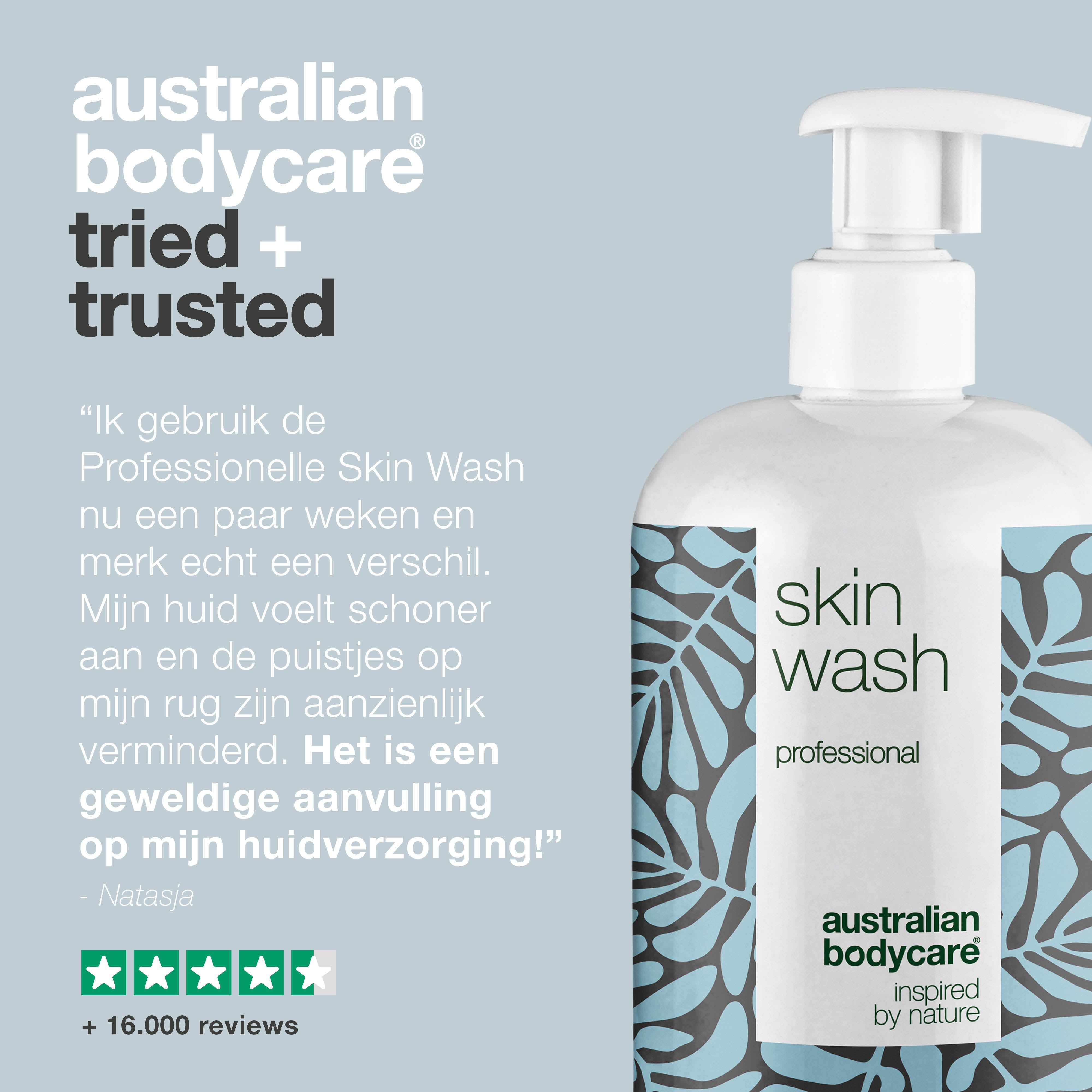 'Skin wash professional' fles. Tekst: citaat. Logo 'Australian Bodycare'. 5 sterren beoordeling. +16.000 beoordelingen.