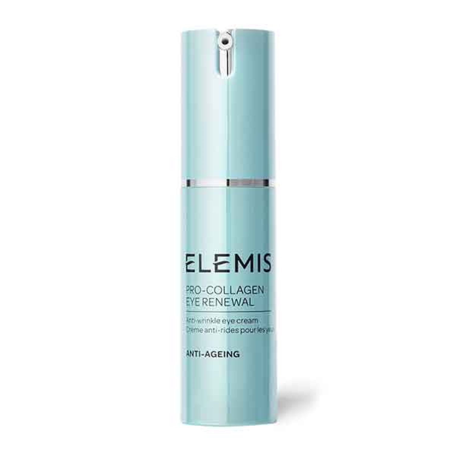 Zylindrische Flasche. Hellblau. Elemis Pro-Collagen Eye Renewal. Anti-Aging-Text. Weißer Spenderkopf.