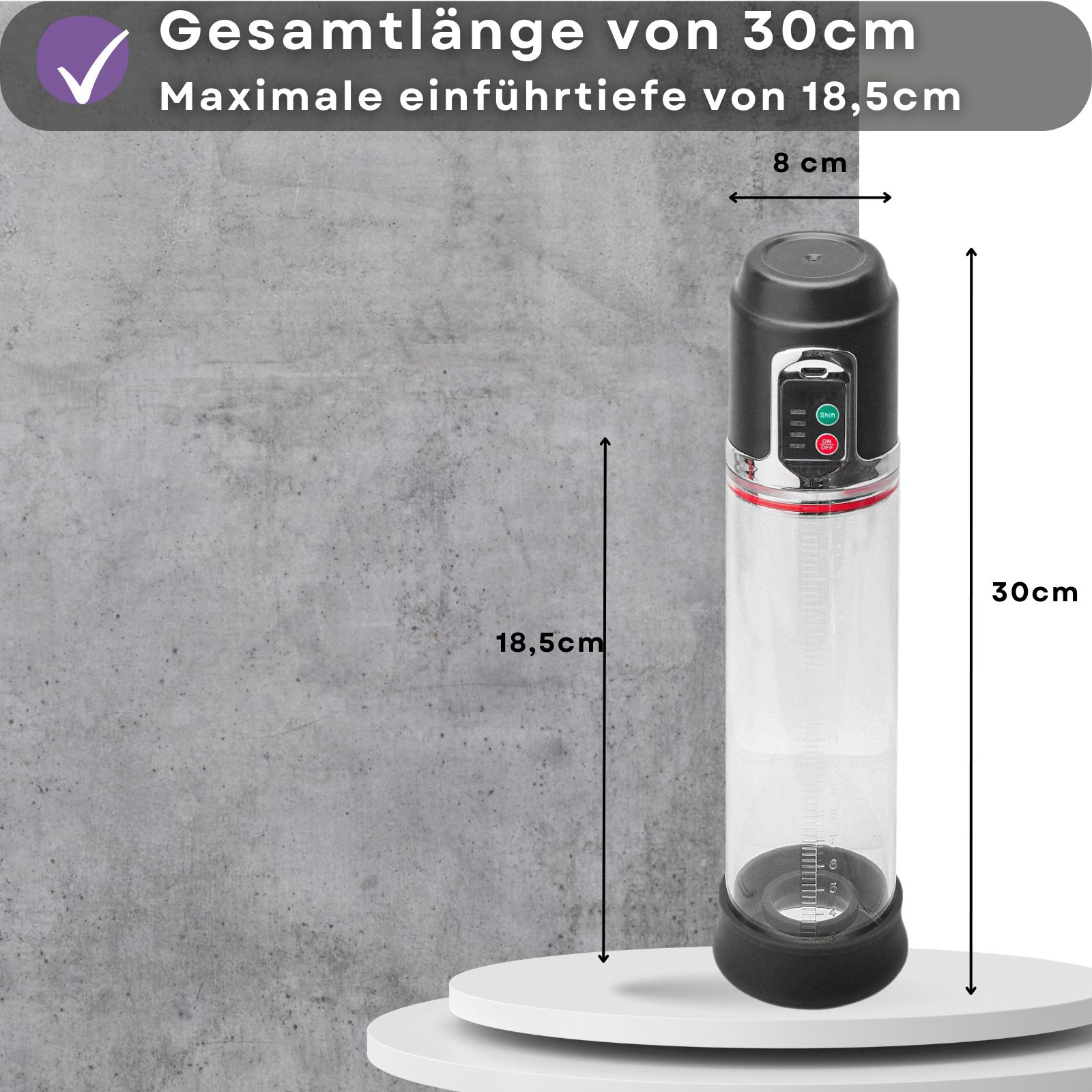 Penispumpe. Gesamtlänge 30cm, maximale Tiefe 18,5cm. Zylindrisches Gehäuse. Schwarzer Kopf. Abmessungen angezeigt.