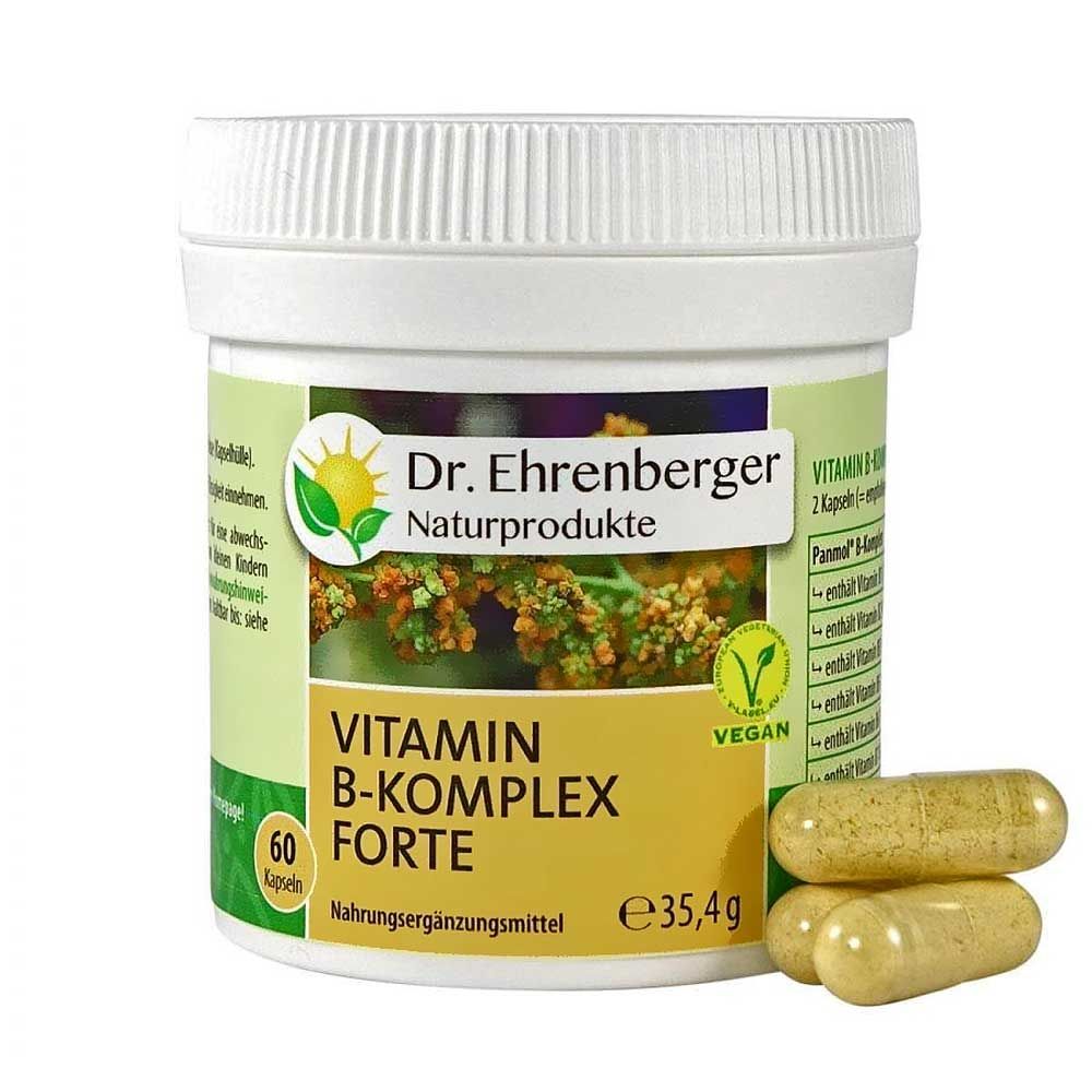 Weißes Kunststoff-Behälter mit grüner Beschriftung. Aufschrift: Vitamin B-Komplex Forte. Vegan-Siegel. Daneben liegen drei Kapseln.