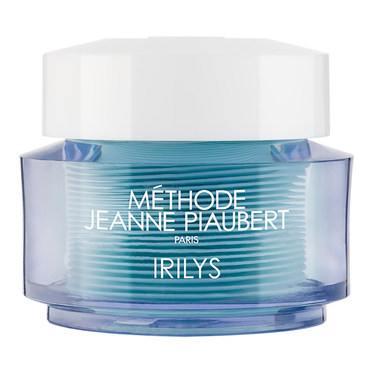 Augen-Gel-Creme-Behälter mit weißem Deckel. Aufschrift MÉTHODE JEANNE PIAUBERT PARIS, darunter IRILYS.