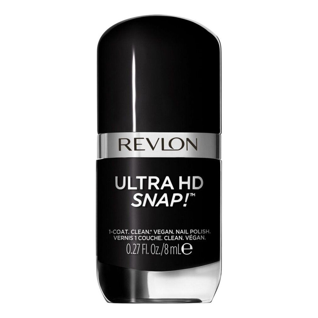 Revlon Ultra HD Snap! Nagellack. Schwarze Flasche mit silbernem Band. Text: Revlon, Ultra HD Snap!, 0.27 fl. oz./8 ml.