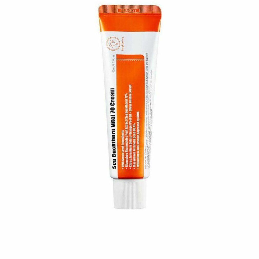 Creme-Tube mit orangefarbenem Deckel und Aufdruck. Produktname: Sea Buckthorn Vital 70 Cream. Marke: Purito.