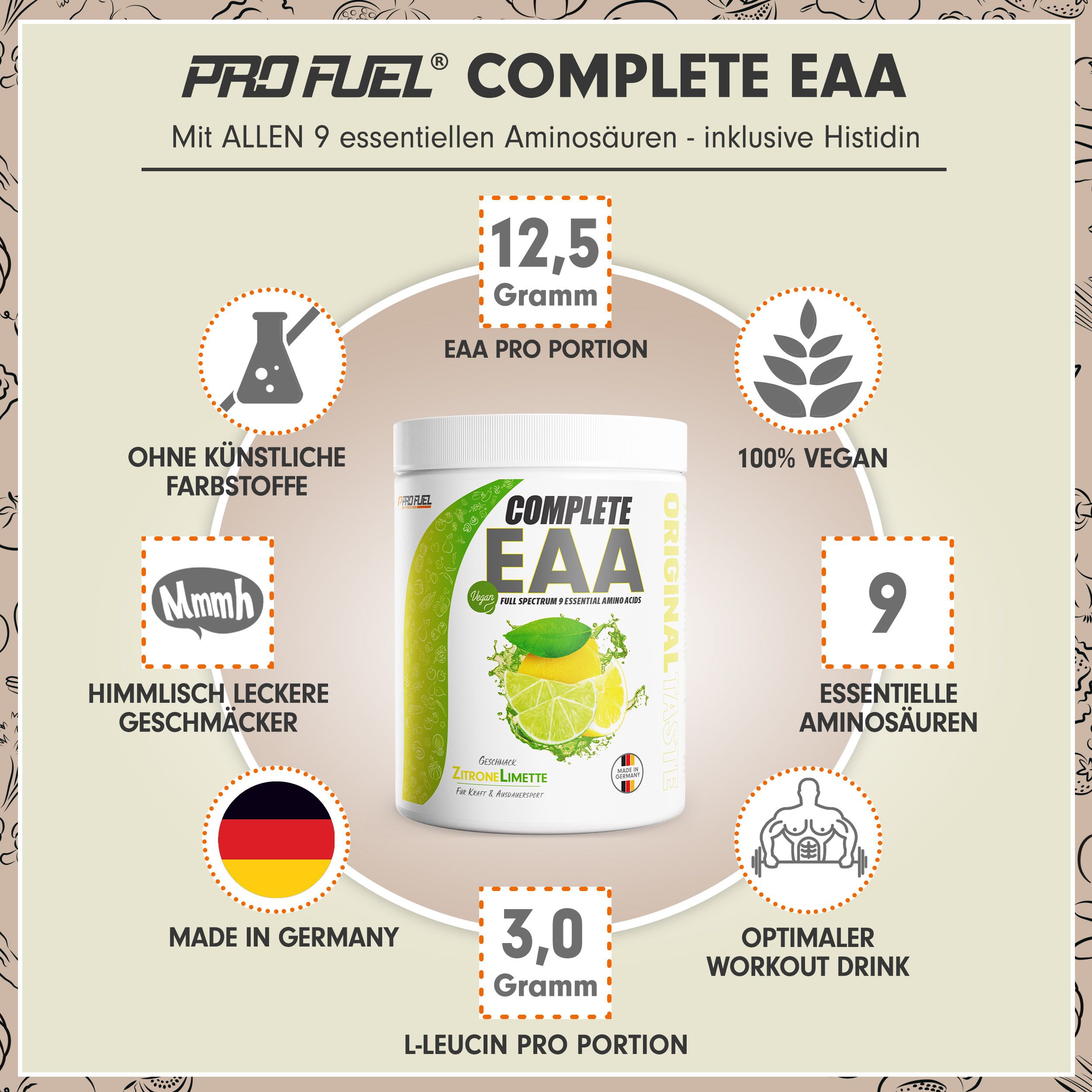Weißes Produktglas mit gelb-grüner Grafik. Text: COMPLETE EAA, 12,5 Gramm EAA pro Portion, 100% vegan, 9 essentielle Aminosäuren, Made in Germany.