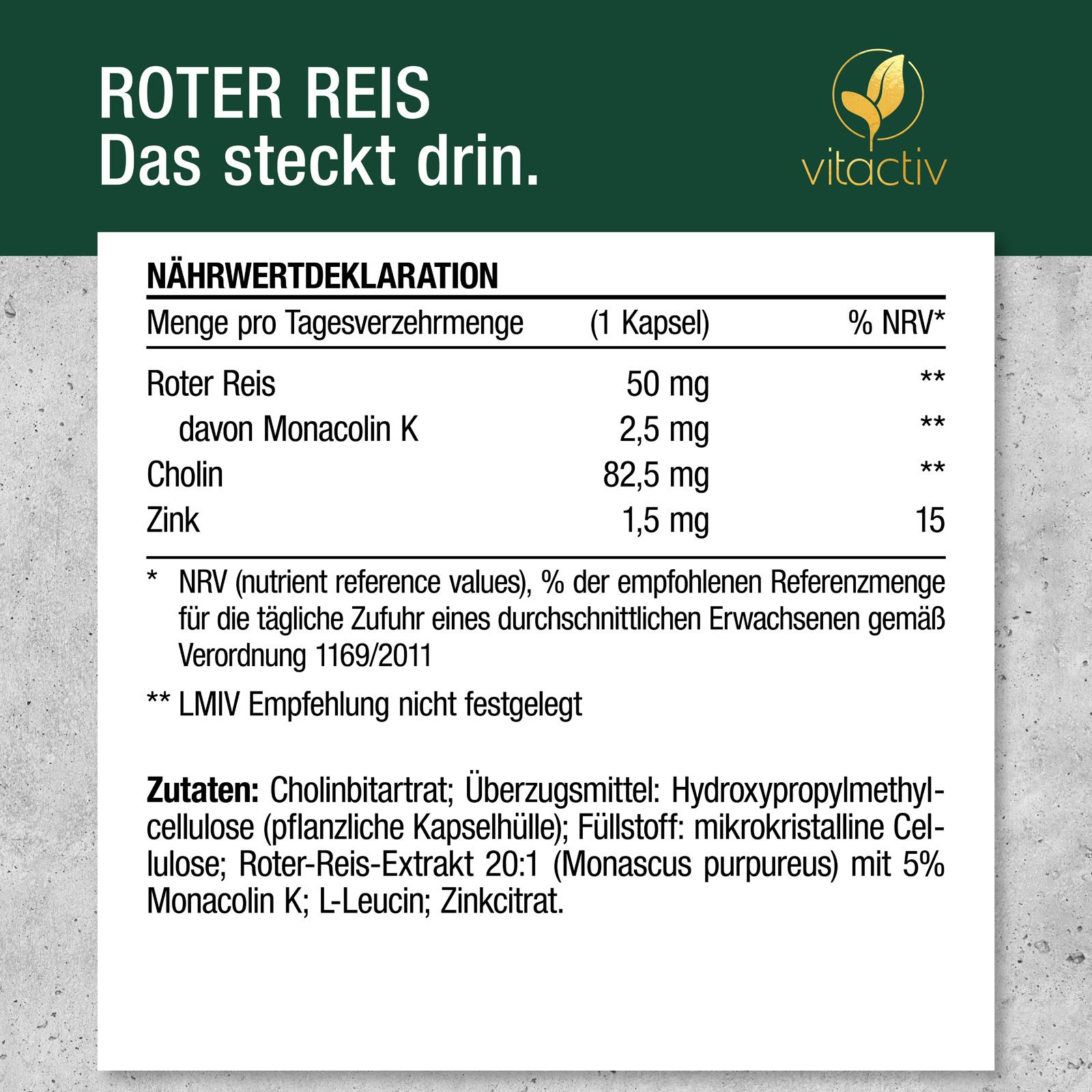Vitactiv -  ROTER REIS (Monacolin K) + Cholin + Zink