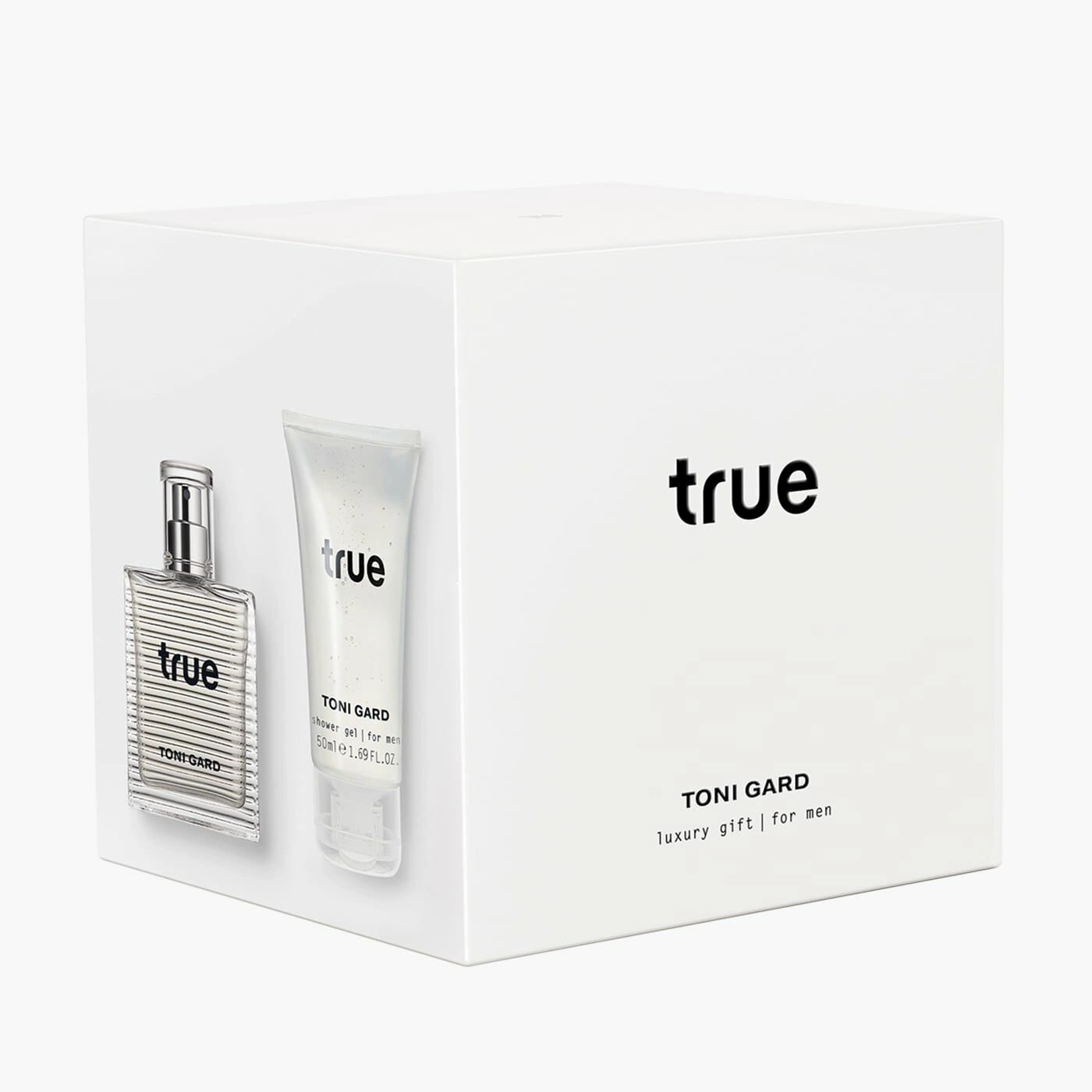 Geschenkbox mit Eau de Toilette und Duschgel. Weißer Karton mit Produktabbildungen. Schriftzug "true" und "TONI GARD".