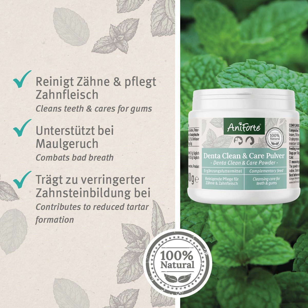 Dose Aniforte Denta Clean & Care Pulver, 50g. 100% Natural Siegel.