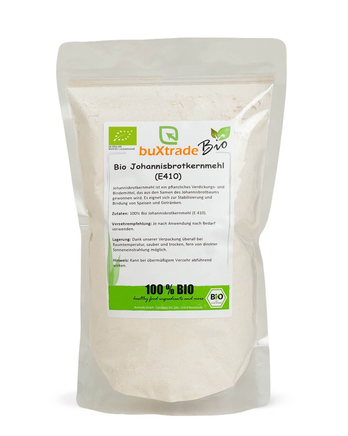 Verpackung mit Johannisbrotkernmehl, Bio-Siegel und Produktinformationen.
