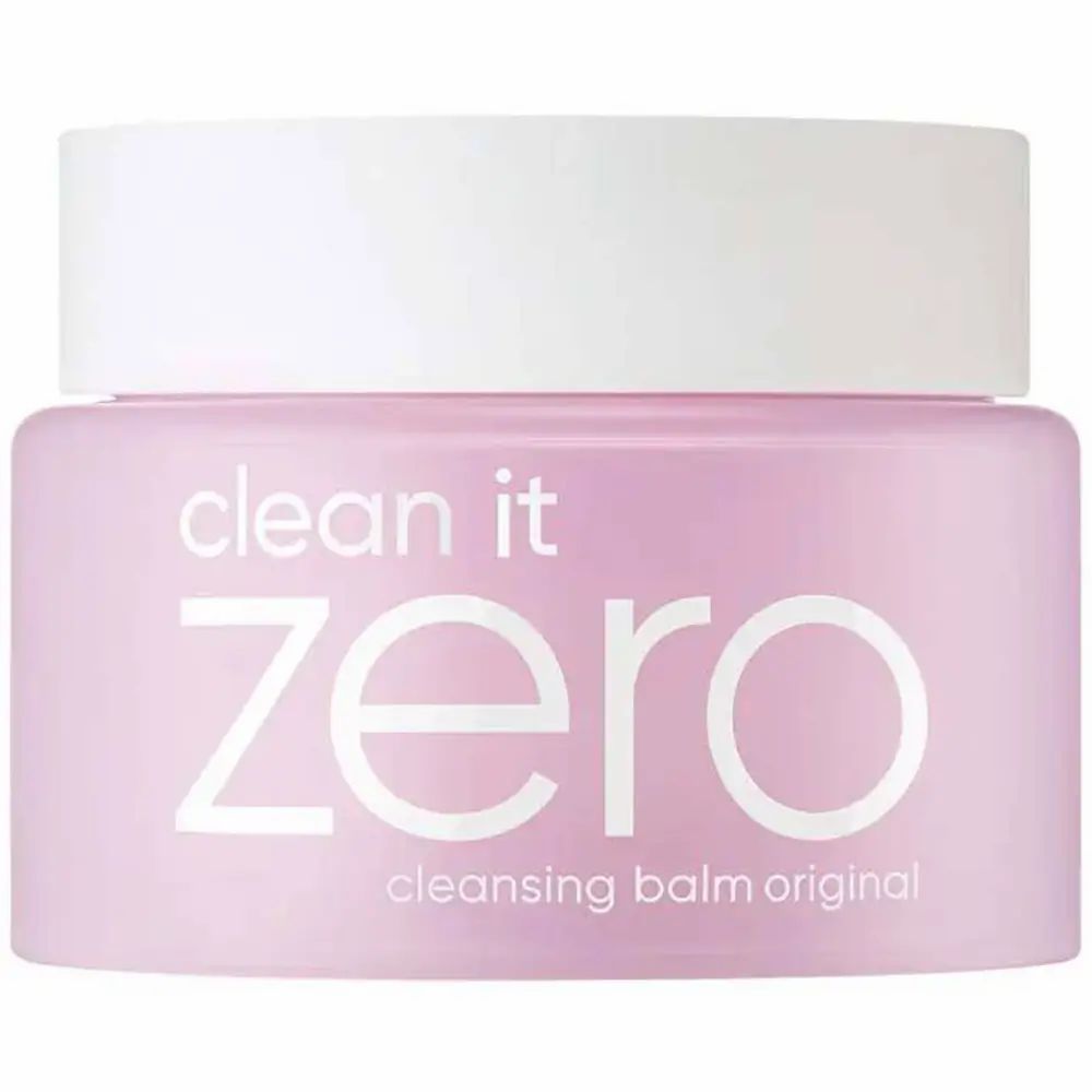 Rosa Tiegel mit weißem Deckel. Aufschrift: clean it zero, cleansing balm original.