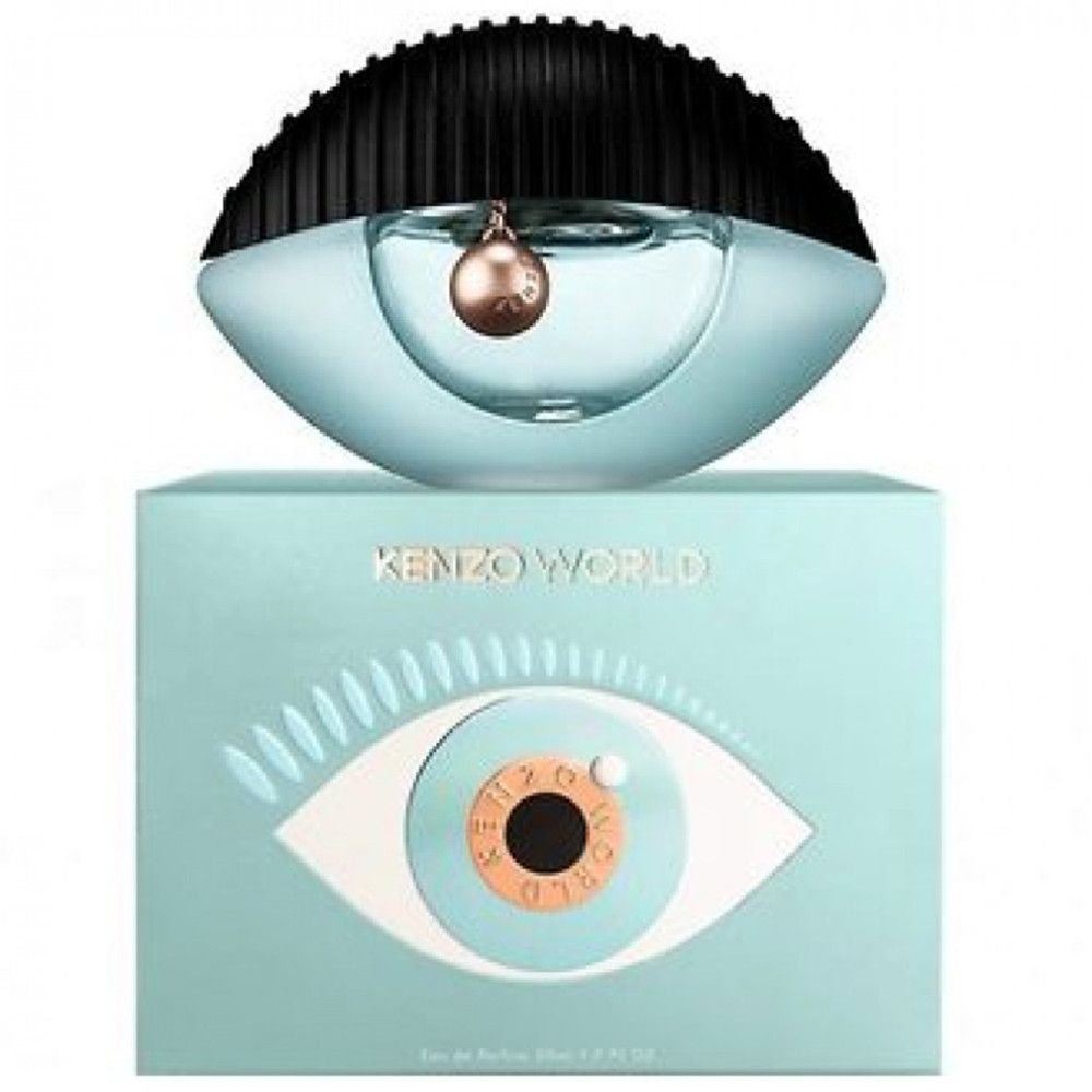 Kenzo World Eau de Parfum Flakon in Augenform, hellblau, mit schwarzem Deckel. Auf hellblauer Schachtel mit Augenmotiv und Schriftzug.