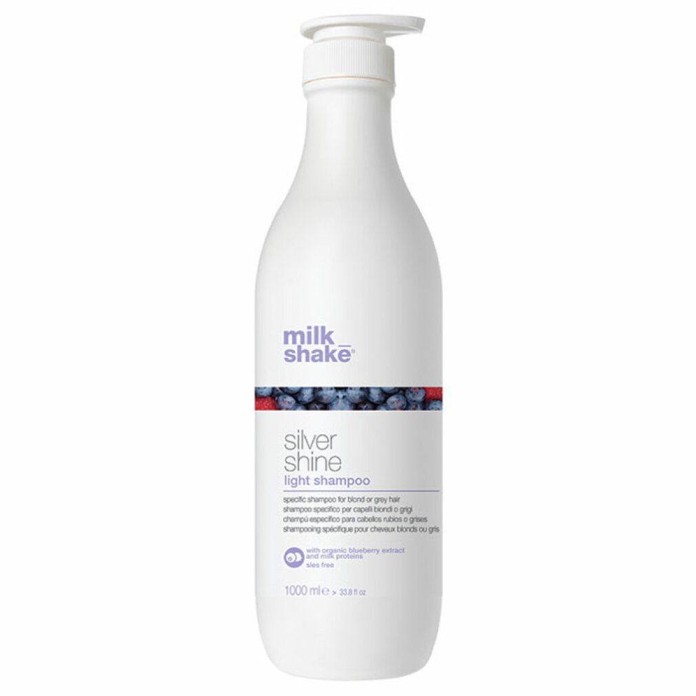 Weißer Shampoo-Flakon mit Pumpe. Aufschrift: milk_shake, Silver Shine light shampoo. 1000 ml.