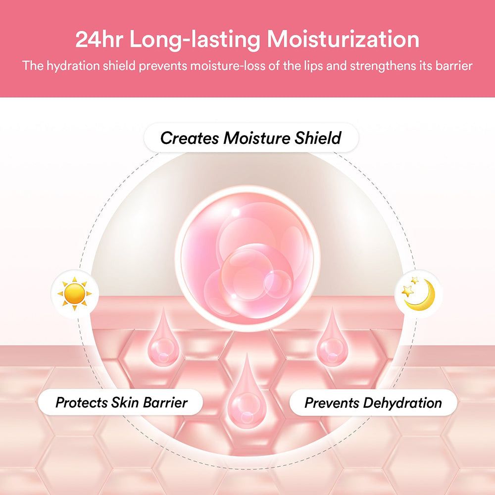 Grafische Darstellung. Text: Creates Moisture Shield, Protects Skin Barrier, Prevents Dehydration. Sonne und Mond Icons.