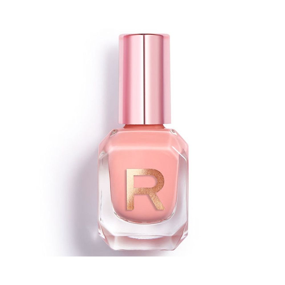 Nagellackflasche mit rosa Inhalt und rosafarbenem Deckel. Auf der Flasche ist ein goldfarbenes "R" zu sehen.