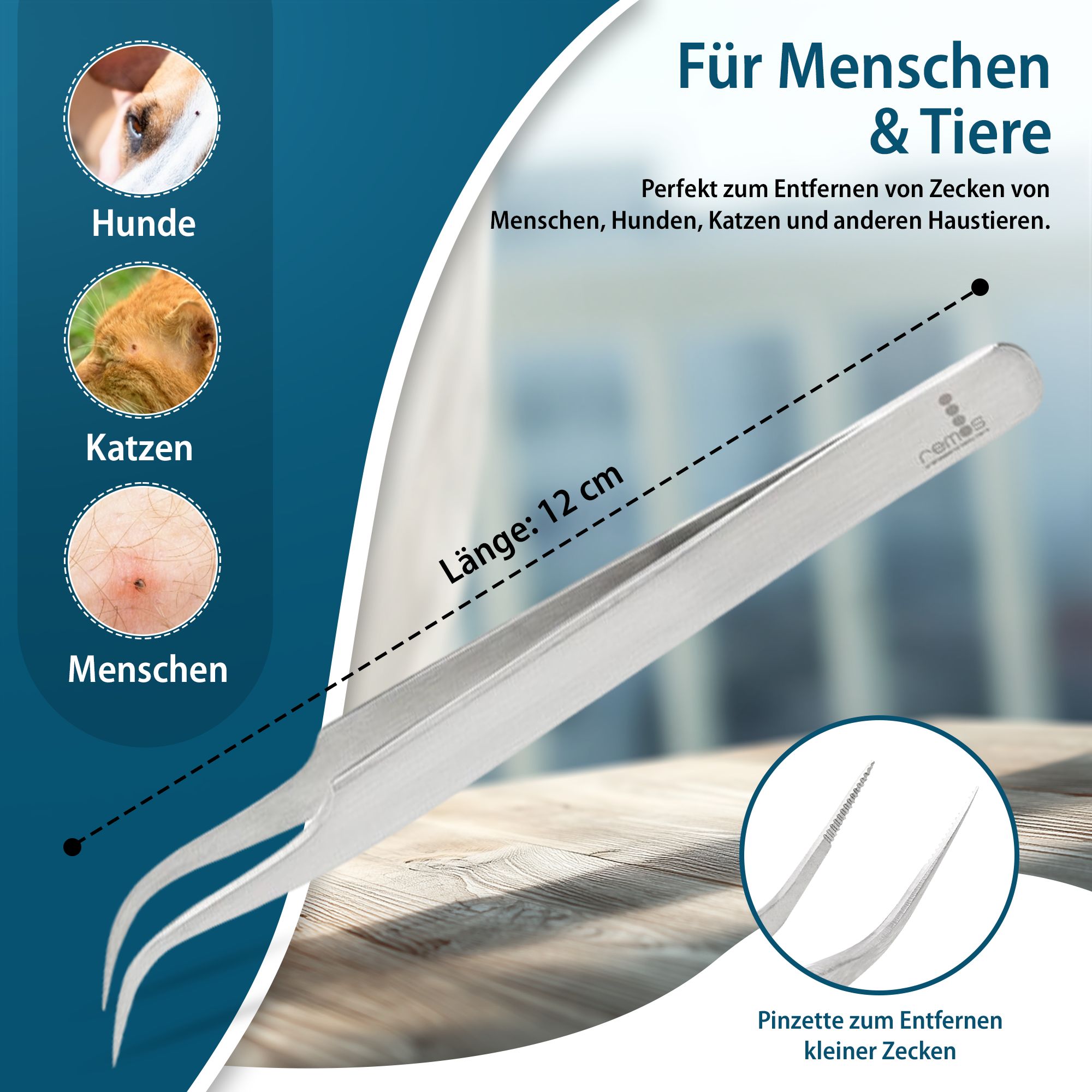Edelstahl-Zeckenzange mit gebogener Spitze, 12 cm Länge, für Menschen und Tiere.