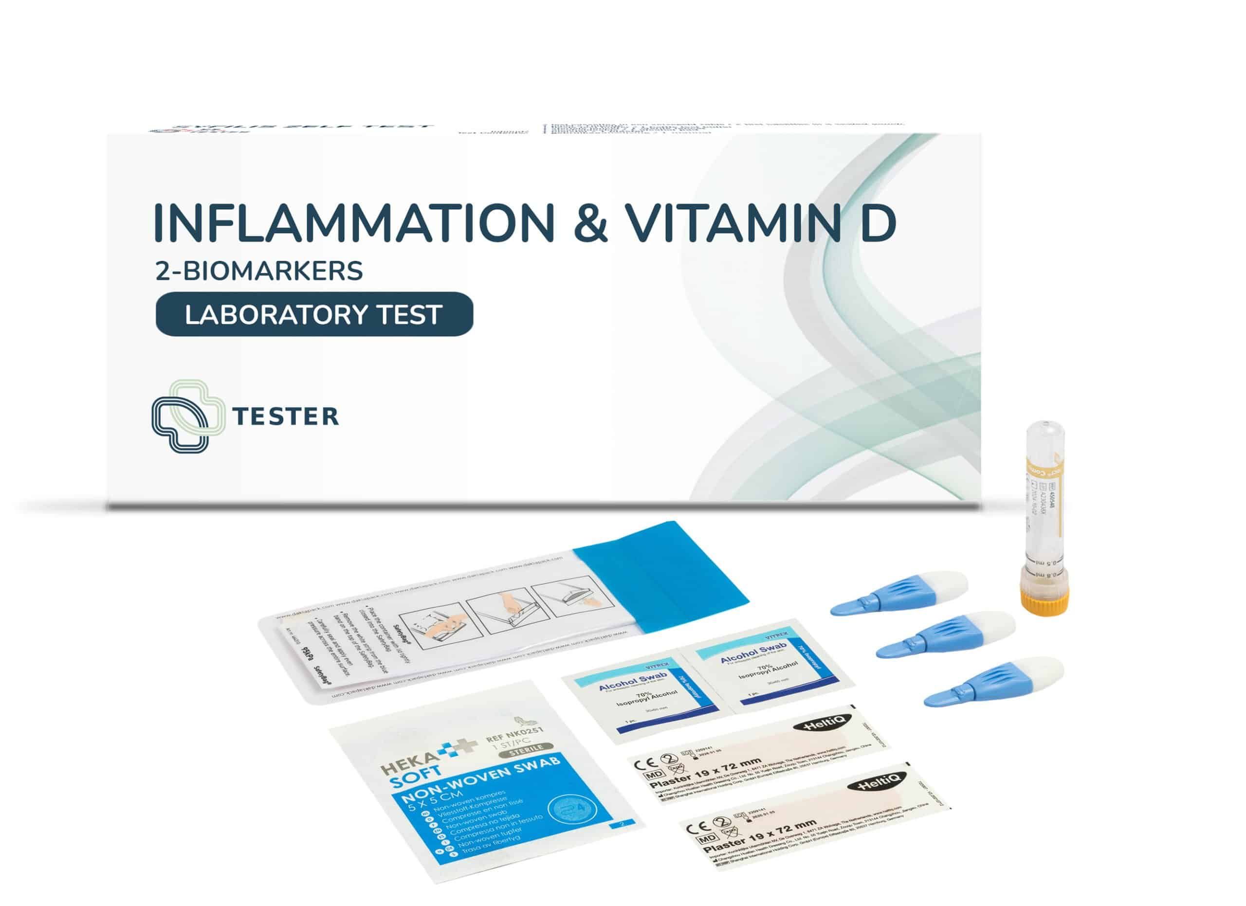 Entzündung & Vitamin D Test-Kit mit Lanzetten, Tupfern und Verpackung.