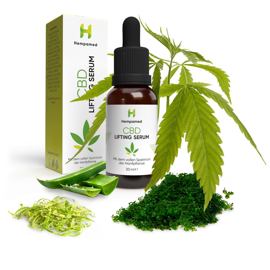 Braune Glasflasche mit Pipette, Verpackung, Blättern und Pflanzen. Aufschrift: Hempamed CBD Lifting Serum.