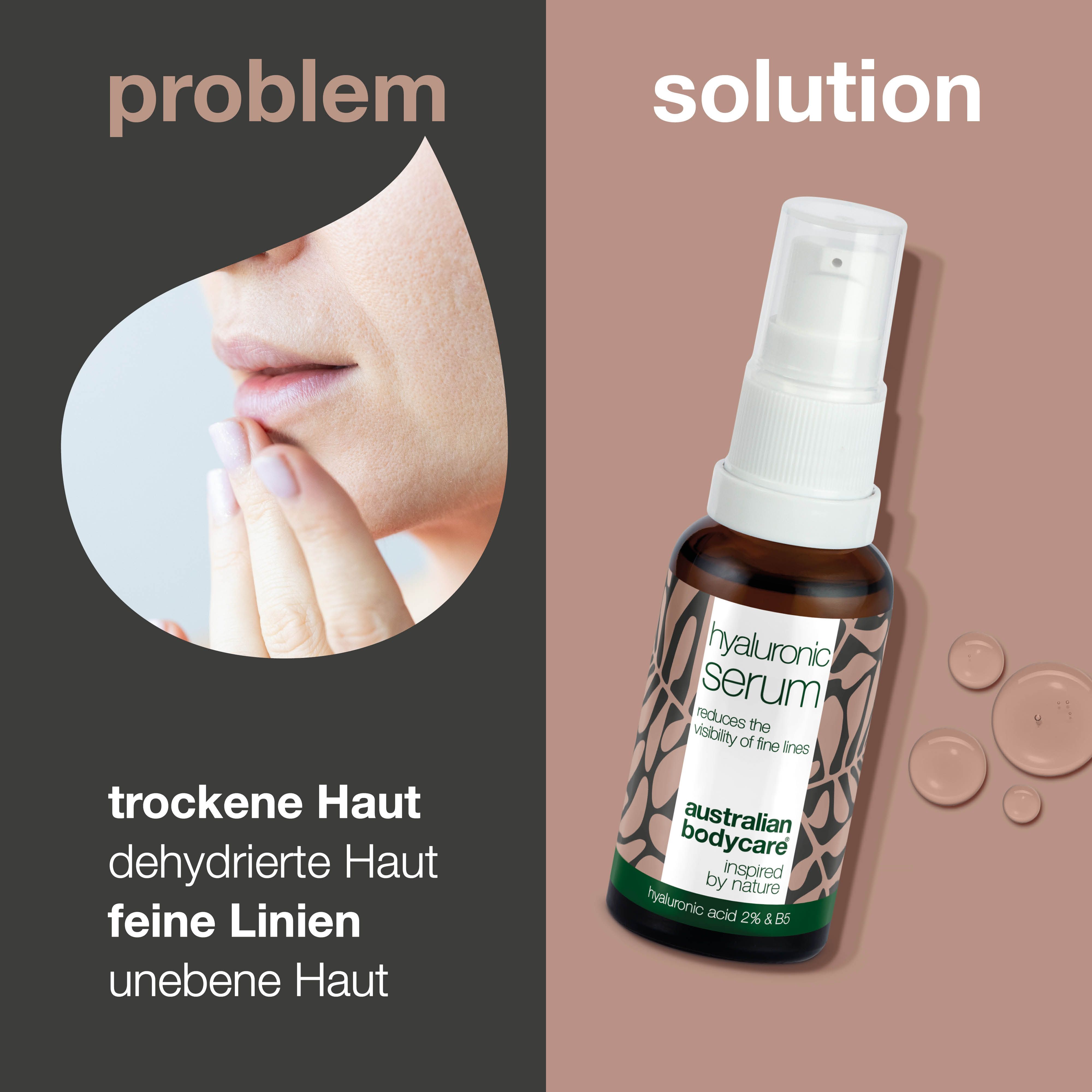 Produkt und Text. Problem: trockene Haut, feine Linien. Lösung: Hyaluronsäure Serum. Marke: Australian Bodycare.
