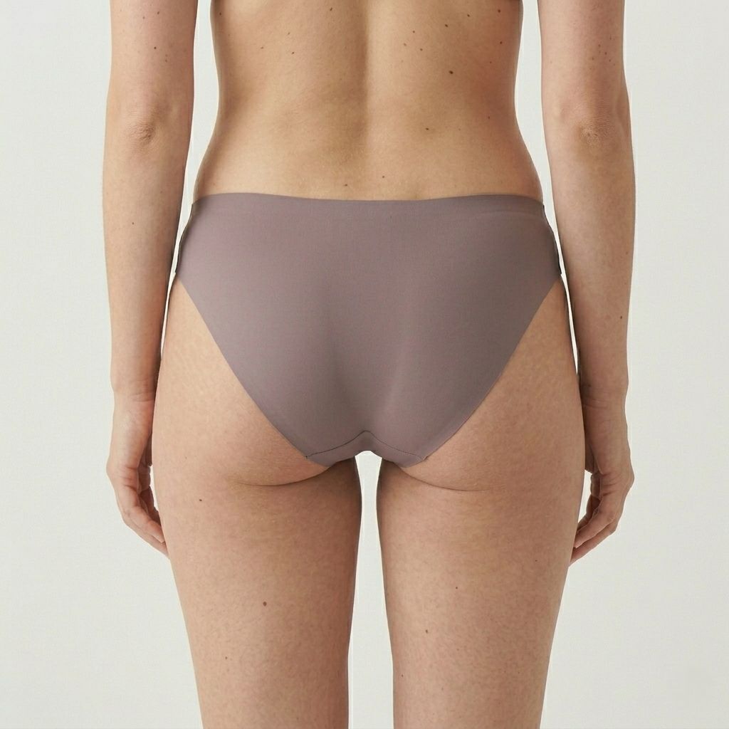 Periodenunterhose in Mauve. Rückansicht einer Frau, die das Produkt trägt. Nahtlose Verarbeitung.