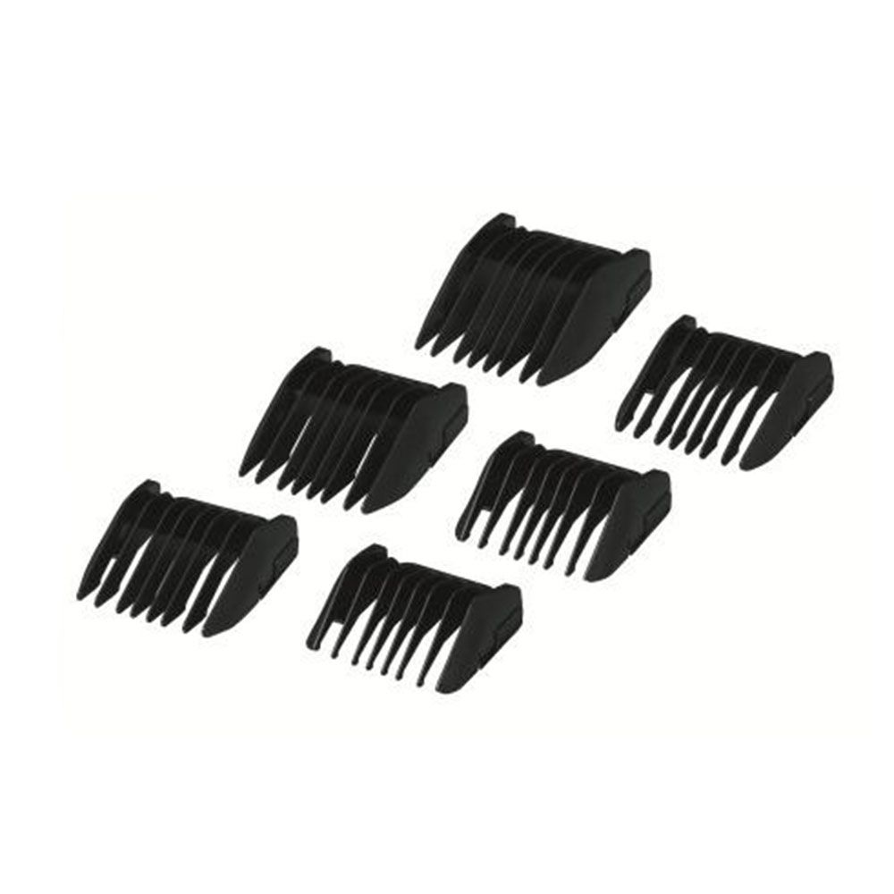 Sechs schwarze Aufsätze für Bart- und Haarschneider.