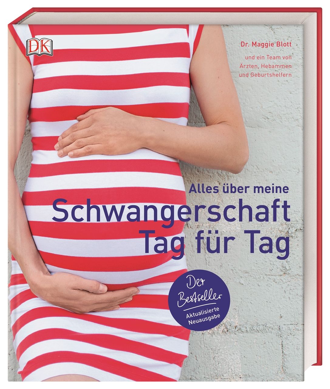 Buchcover: Alles über meine Schwangerschaft Tag für Tag. Frau mit rotem Kleid hält Bauch. Titel und Autorenangaben.