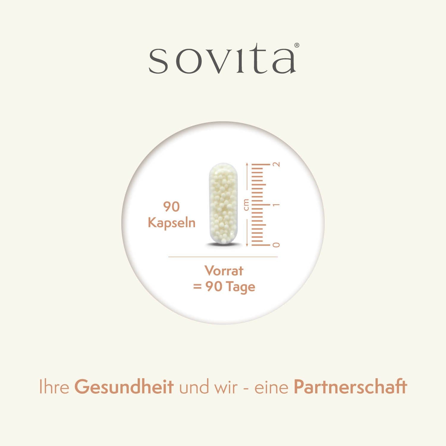 Eine Kapsel mit weißen Kügelchen, 90 Kapseln, Vorrat für 90 Tage. SoVita Logo. Text: Ihre Gesundheit und wir - eine Partnerschaft.