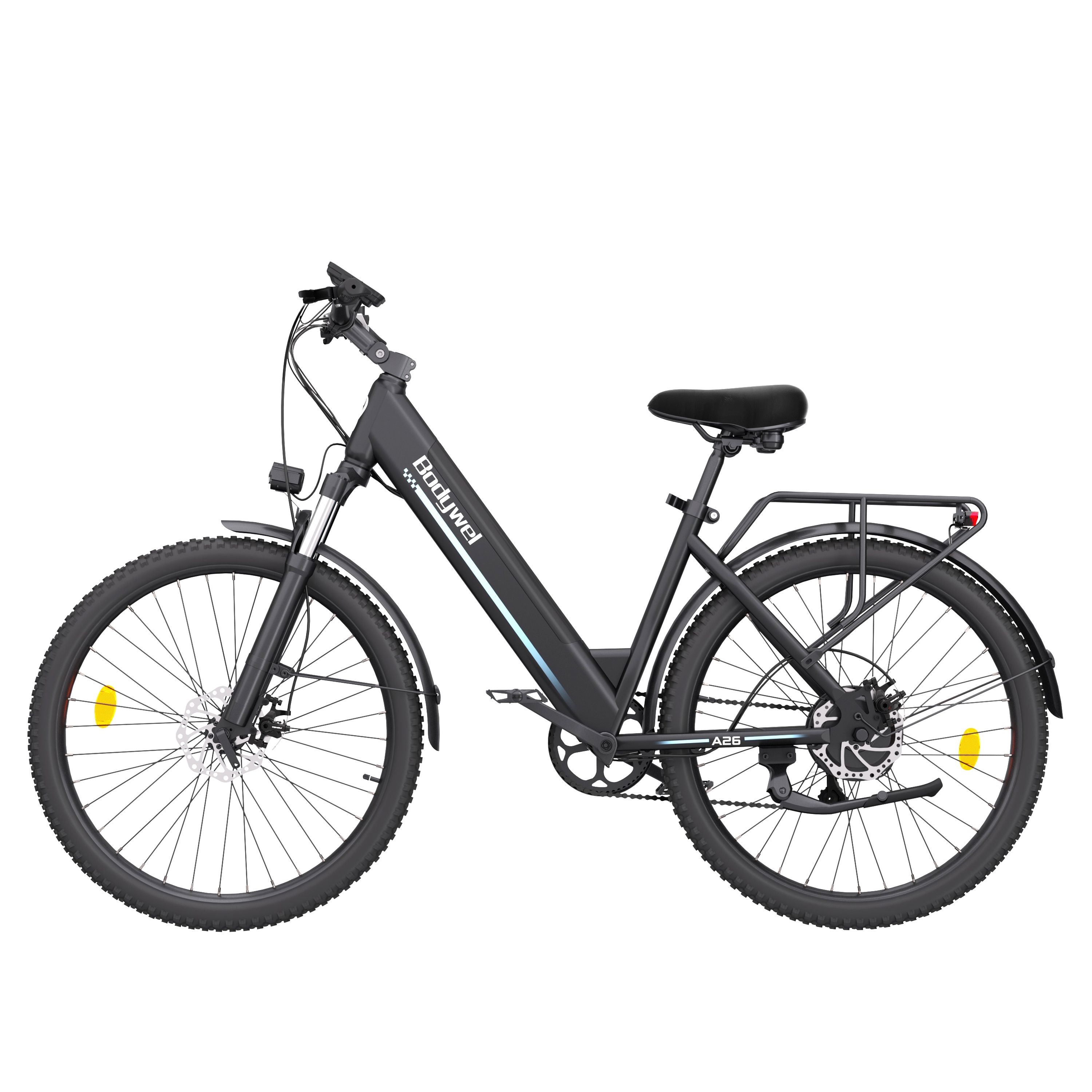 Schwarzes E-Bike, Seitenansicht. Gepäckträger, Schutzbleche, Scheinwerfer. Bodywel A26.