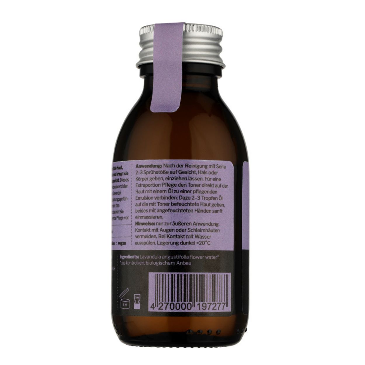 Rückseite der therefore beauty Gesichtswasser-Flasche mit Anwendungshinweisen und Barcode.