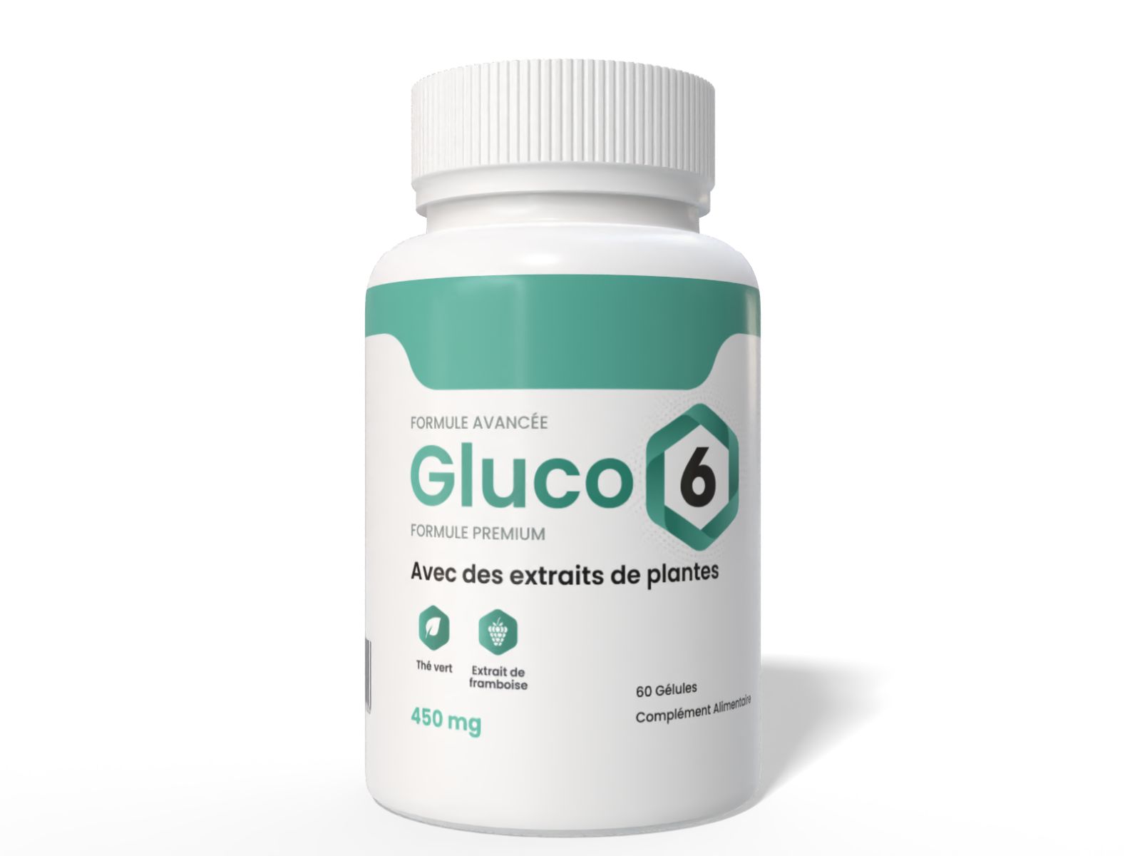 Weiße Flasche mit grünem Etikett. Aufschrift: Gluco6, mit Pflanzenextrakten, 60 Kapseln. 450mg. Grüntee, Himbeerextrakt.