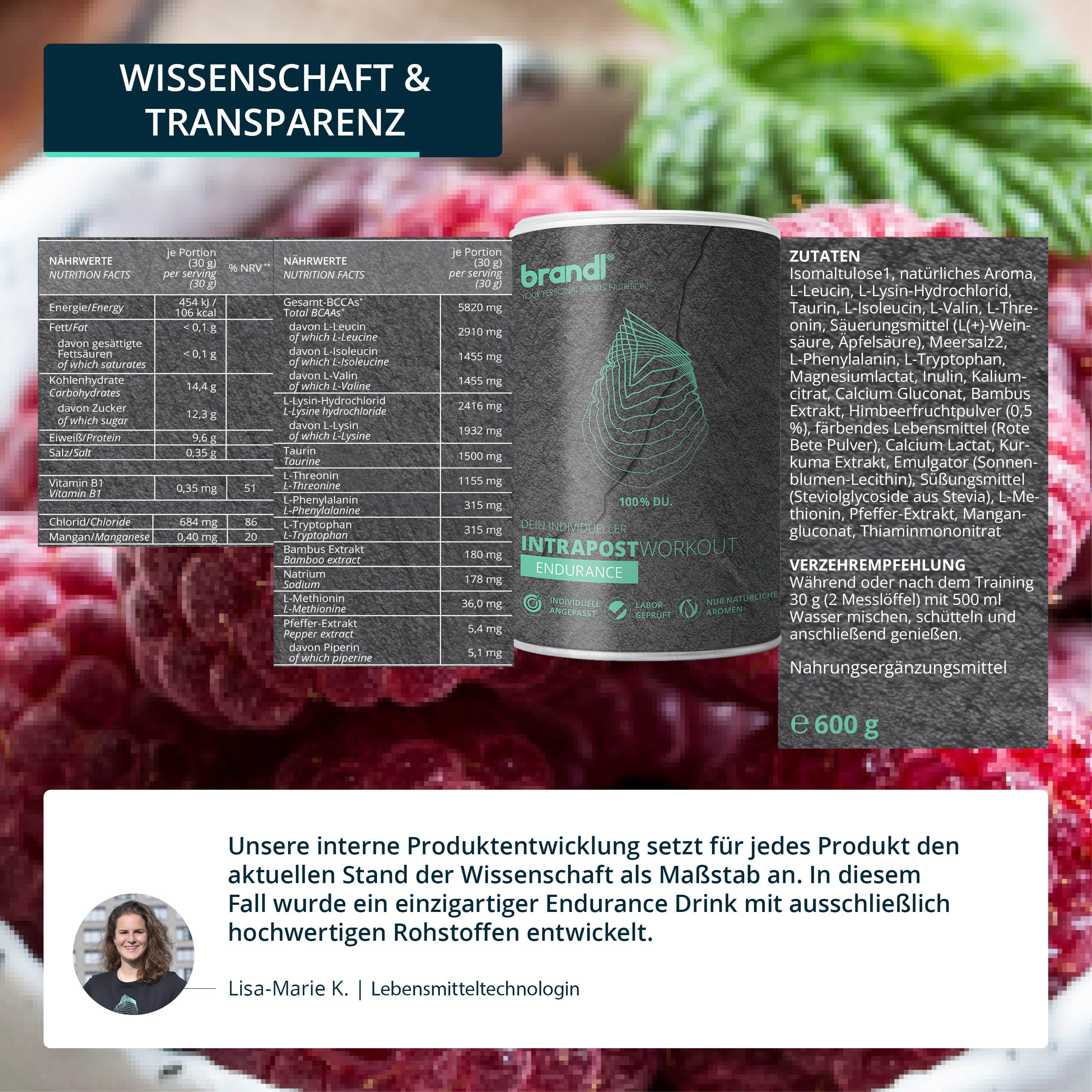 Produktverpackung mit Zutatenliste und Nährwertangaben. Dose brandl Intrapostworkout. Himbeeren im Hintergrund.