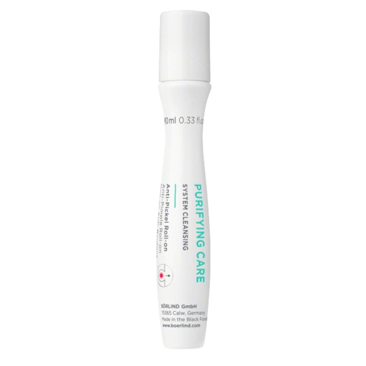 Weißer Roll-on mit Kappe. Beschriftung: PURIFYING CARE, Anti-Pickel Roll-on. 10ml.