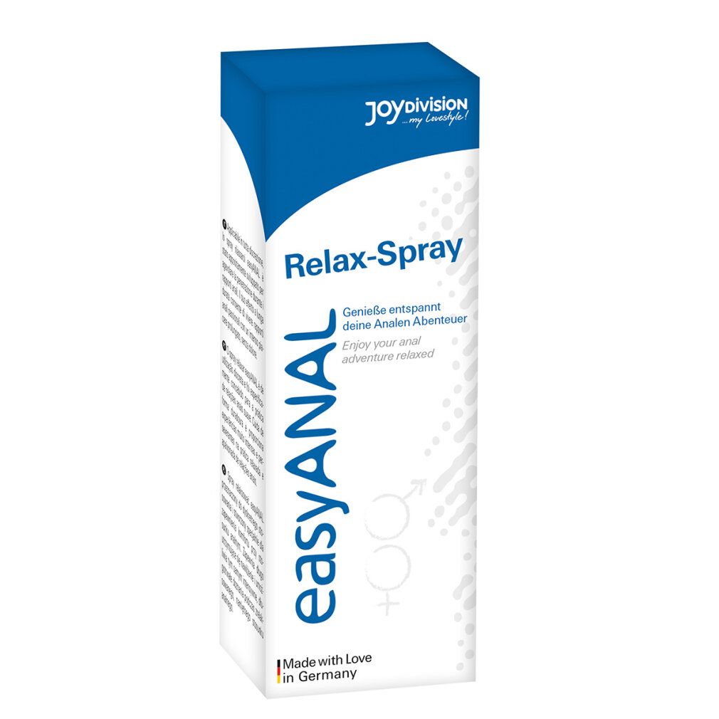 Transparente Sprühflasche mit weißem Sprühkopf. Aufschrift: easyANAL Relax-Spray. Logo: JoyDivision.
