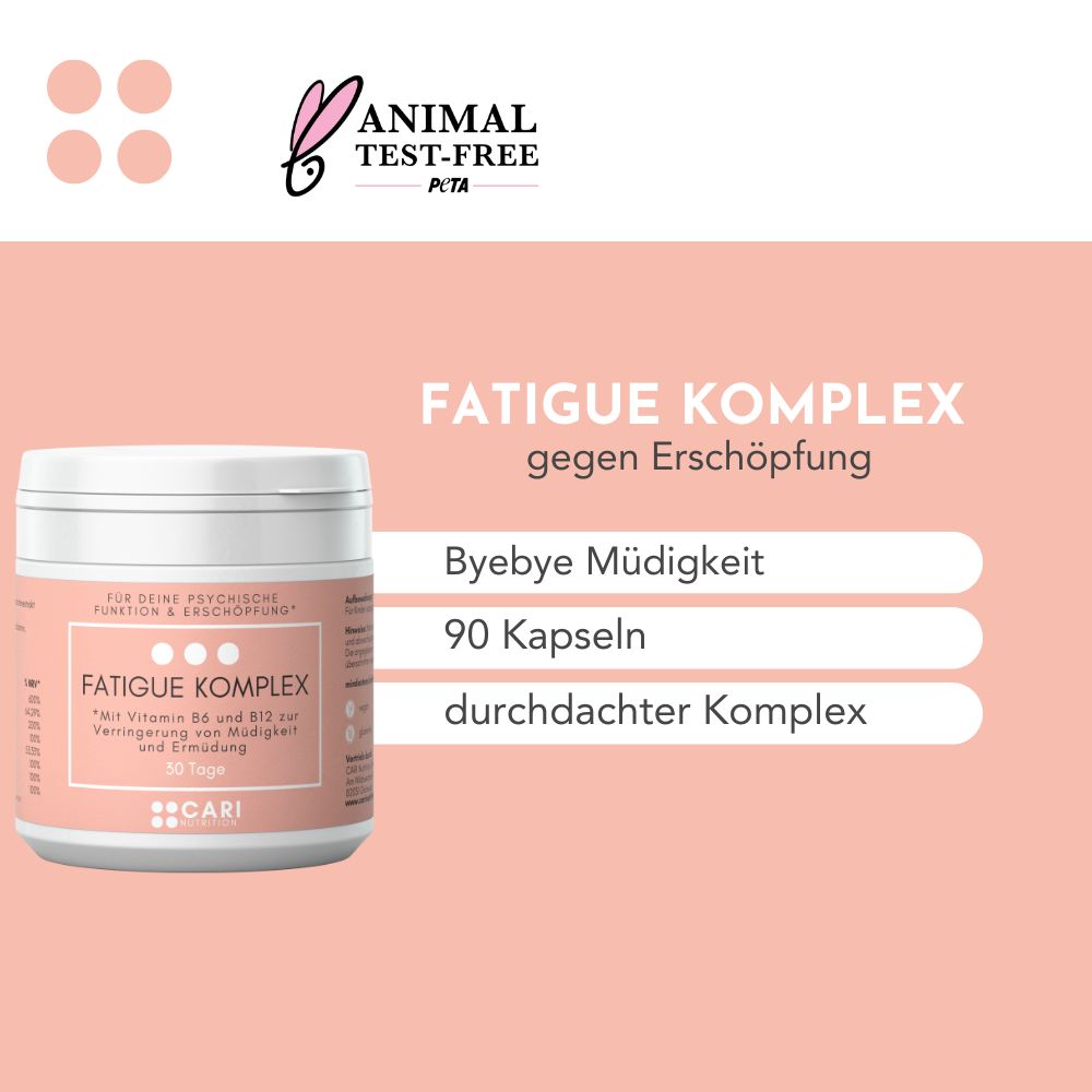 Weißer Behälter mit rosa Etikett. Aufschrift: Fatigue Komplex, 90 Kapseln. PETA-Logo.