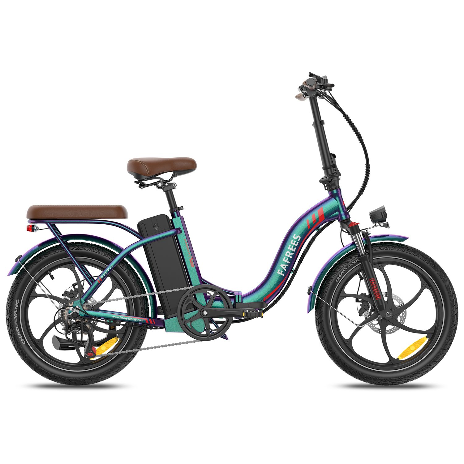 Faltbares E-Bike, blau-grün, brauner Sattel und Gepäckträger. Schwarze Reifen, Felgen und Akku. Marke FAFREES.
