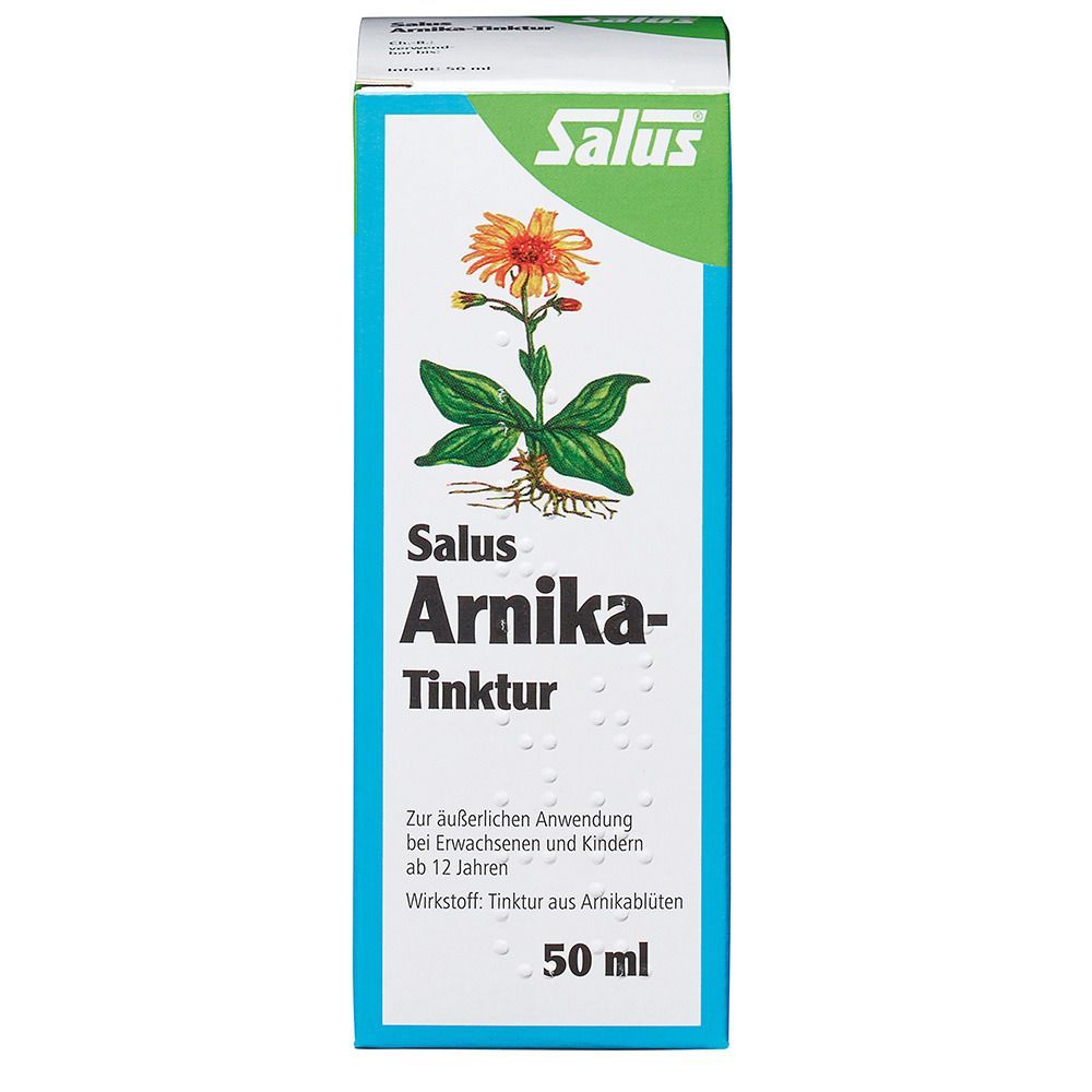 Schachtel mit Salus Arnika-Tinktur. Grün-weißes Design mit Illustration einer Arnika-Pflanze und Produktinformationen.