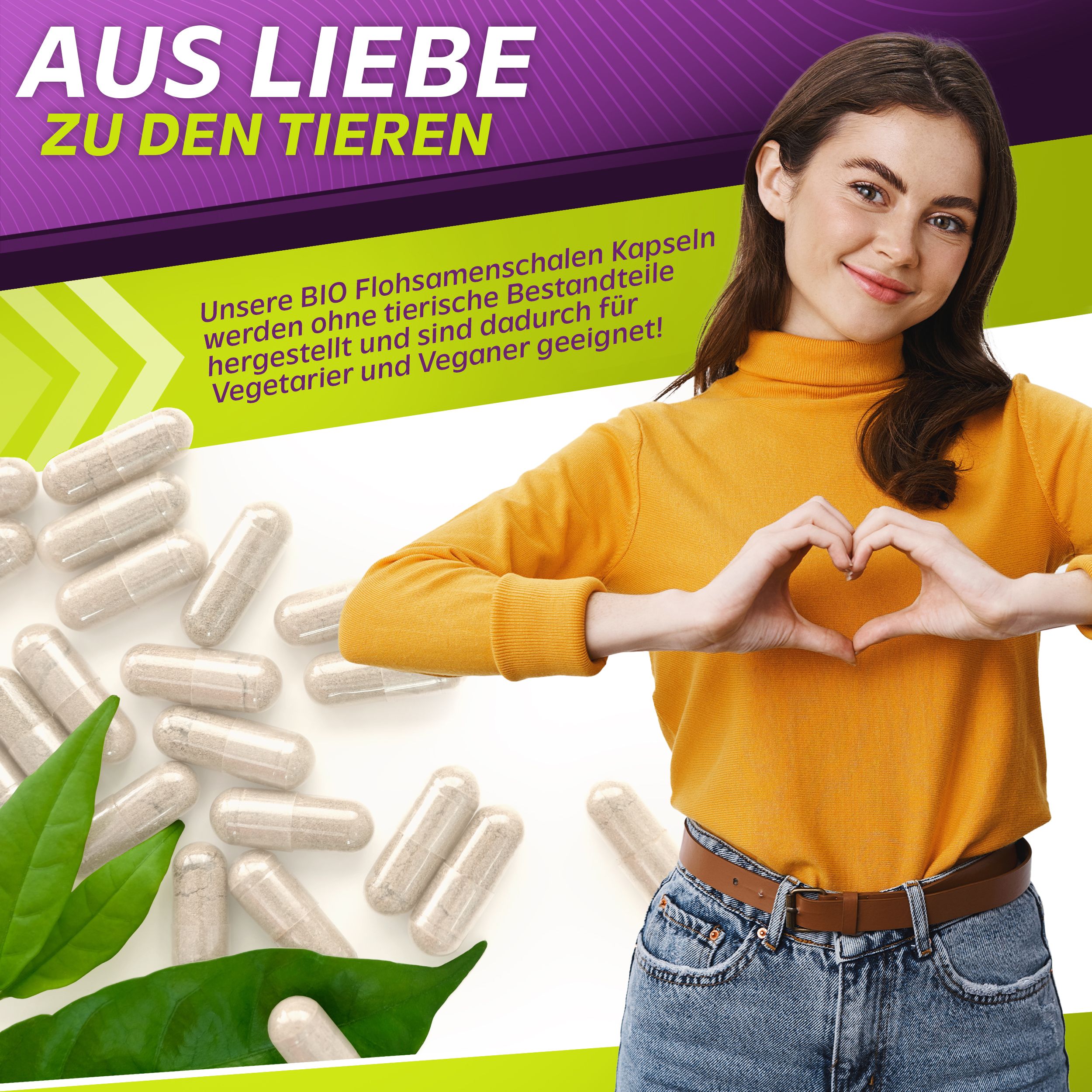 Frau formt Herz mit Händen. Viele Kapseln liegen verstreut. Text: Bio Flohsamenschalen Kapseln. Für Vegetarier und Veganer geeignet.